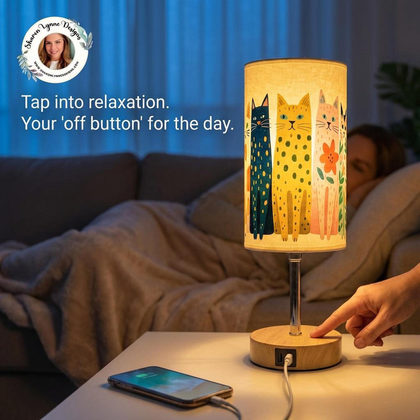 Cat Bedside Lamp, Linen Shade with USB, Type-C Charging and Touch Dimming