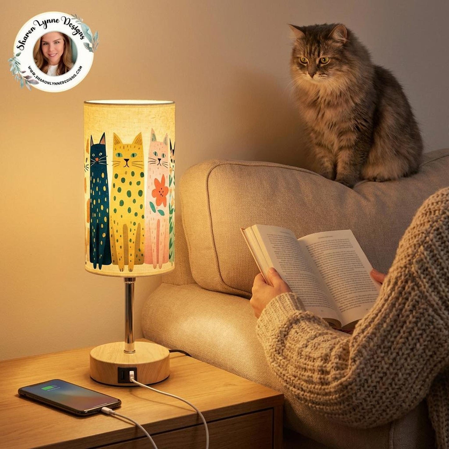 Cat Bedside Lamp, Linen Shade with USB, Type-C Charging and Touch Dimming