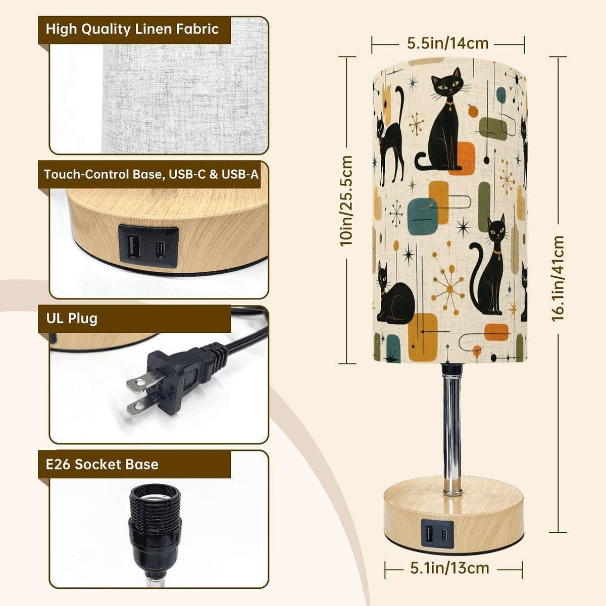 Cat Night Light, Retro Printed Table Lamp with Dual USB and Type-C Ports