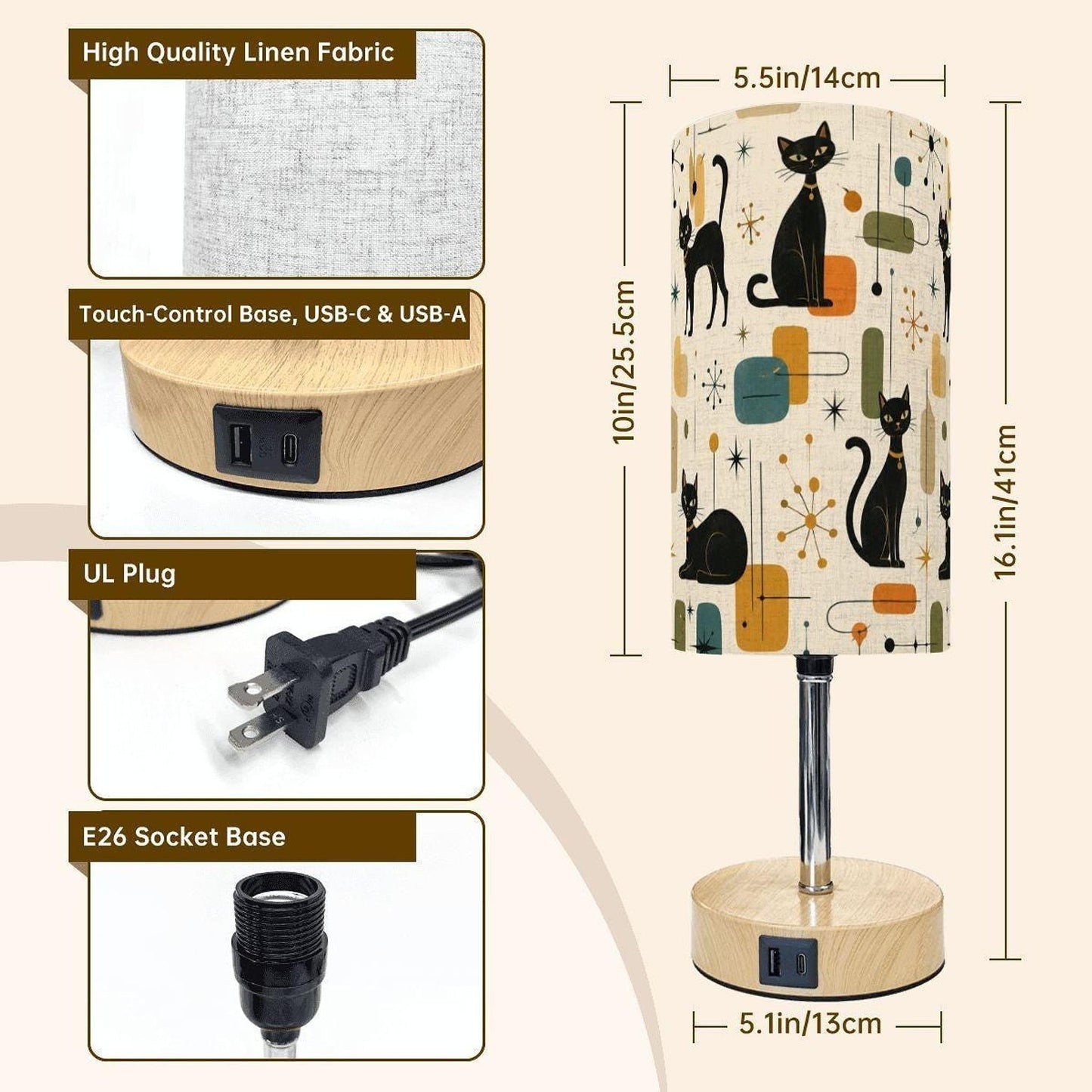 Cat Night Light, Retro Printed Table Lamp with Dual USB and Type-C Ports