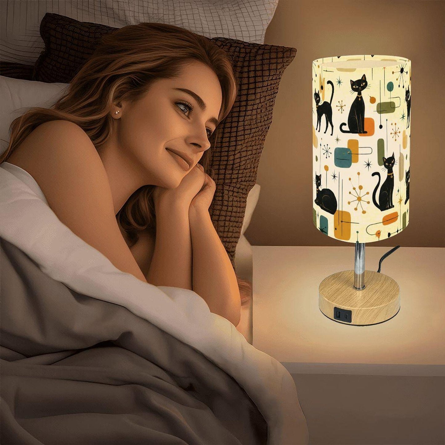 Retro Cat Touch Bedside Table Lamp with USB Charging Port - Modern Night Light