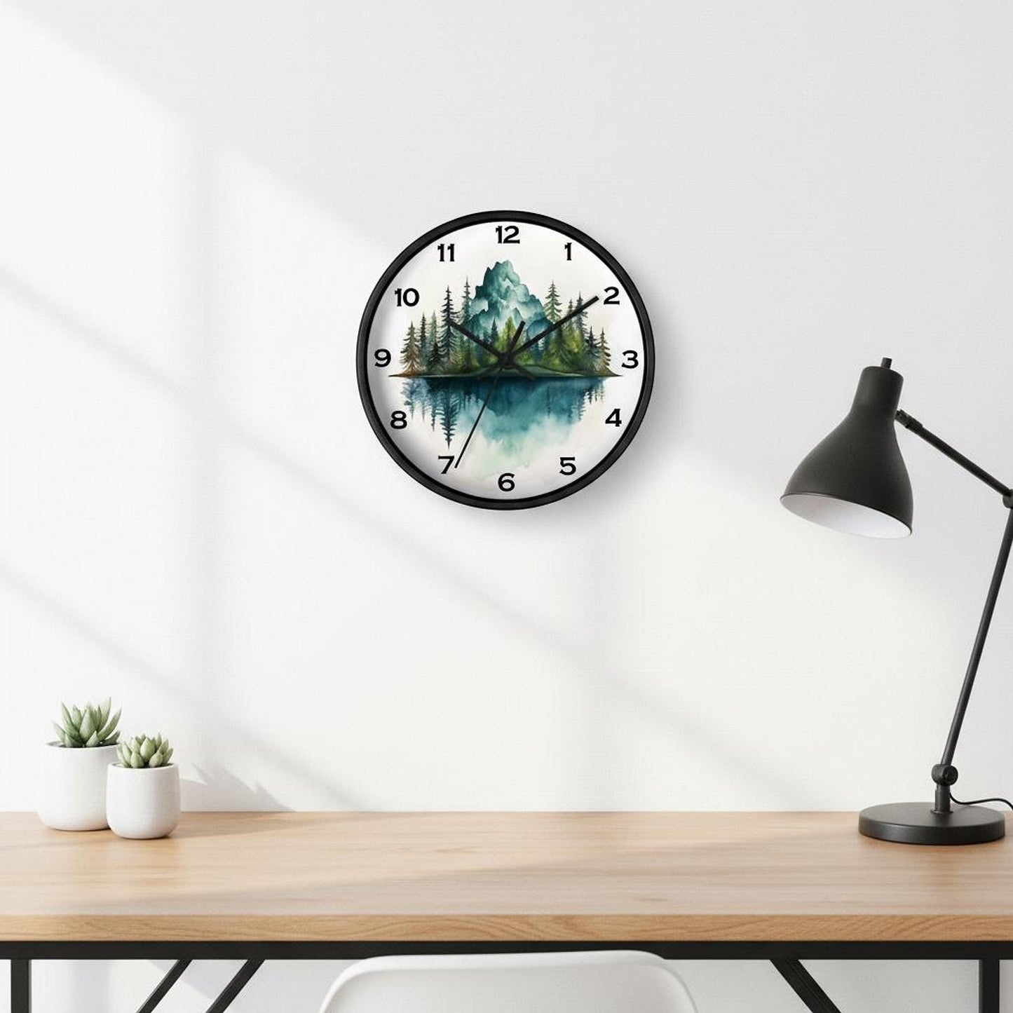 Watercolor Pine Tree Mountain Wall Clock, Rustic Home Decor with Silent Mechanism