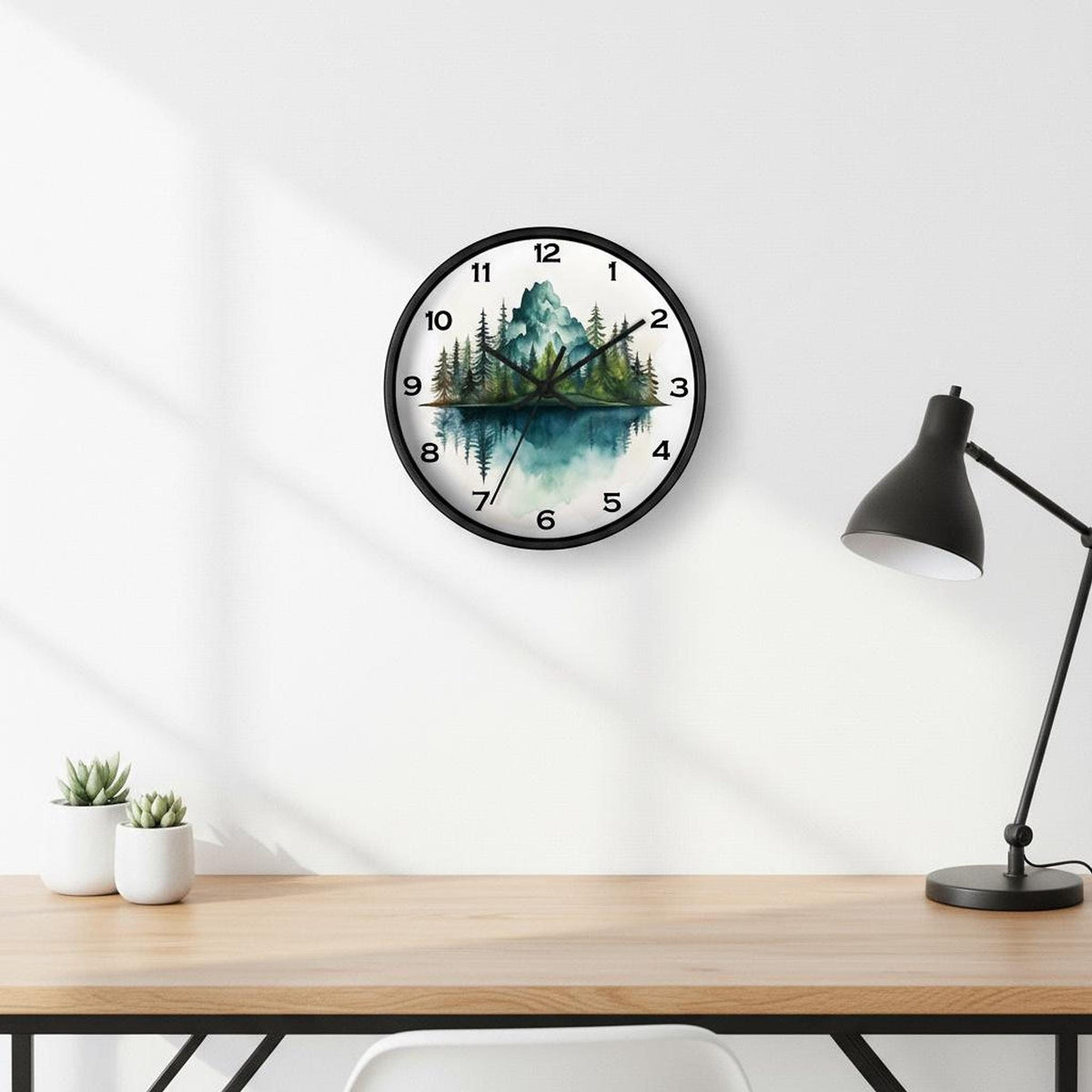 Pine Tree Mountain Wall Clock, 10" x 10" Plexiglass, Silent Mechanism
