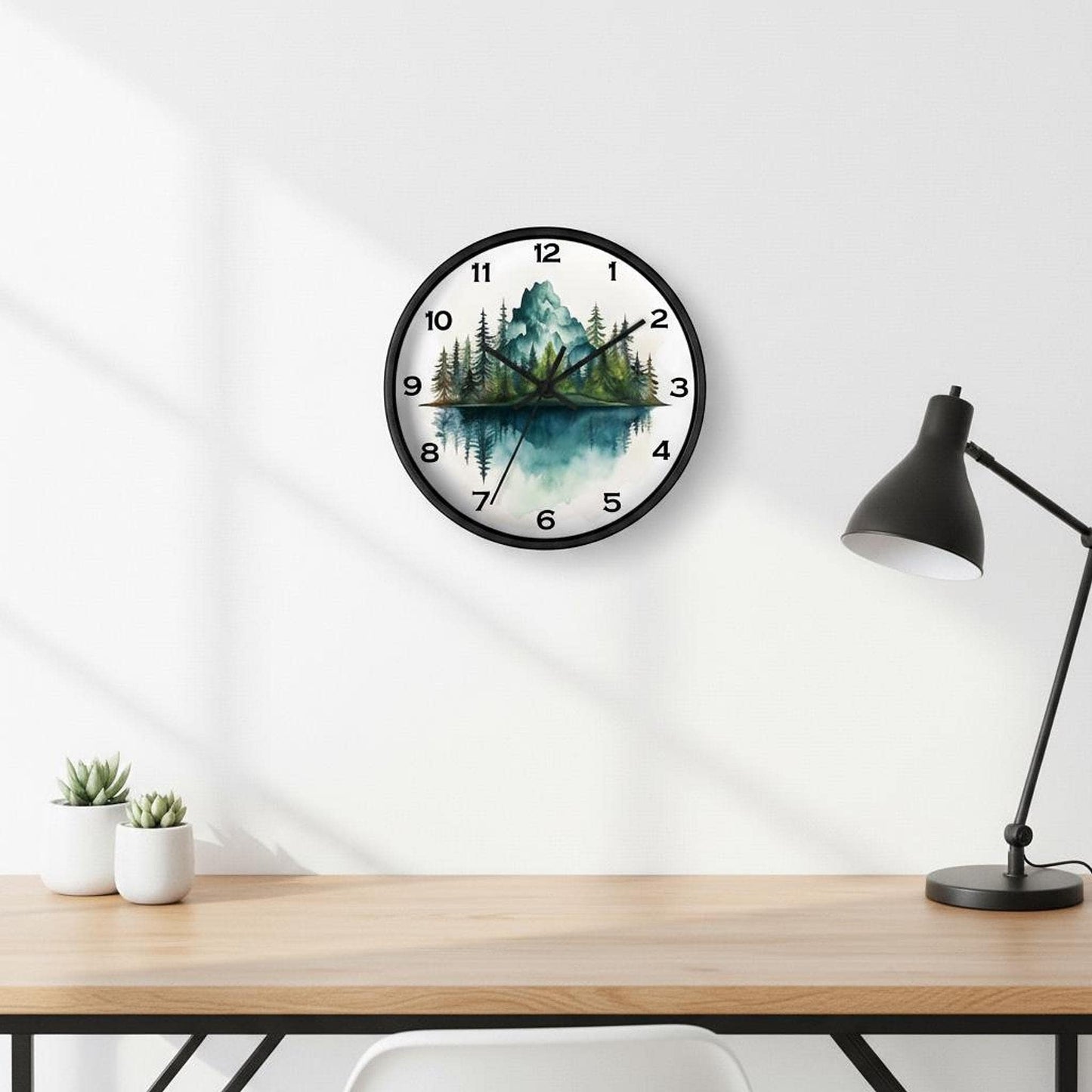Pine Tree Mountain Wall Clock, 10" x 10" Plexiglass, Silent Mechanism
