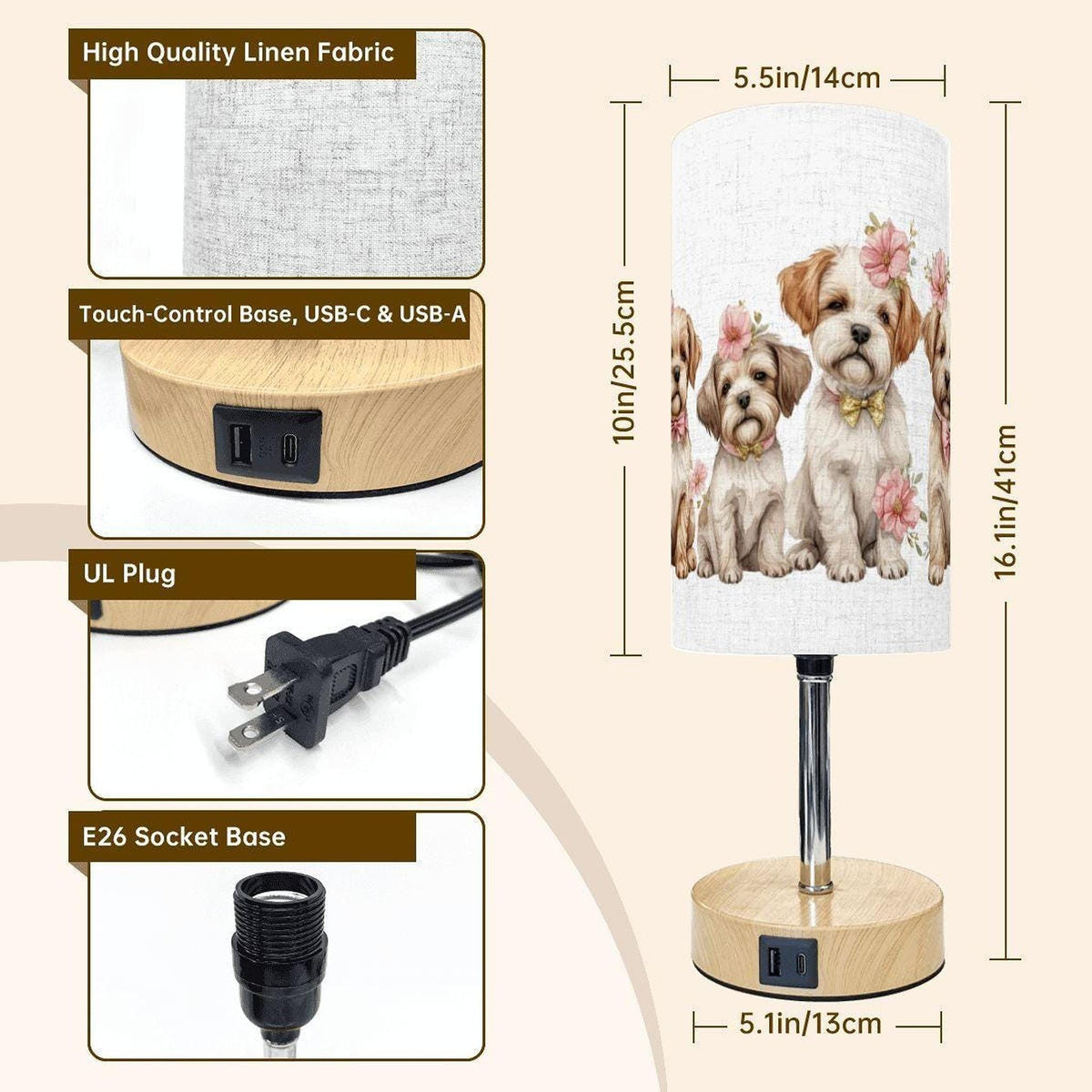 Puppy Touch Bedside Table Lamp with USB Charging Port - Night Light for Kids Bedroom