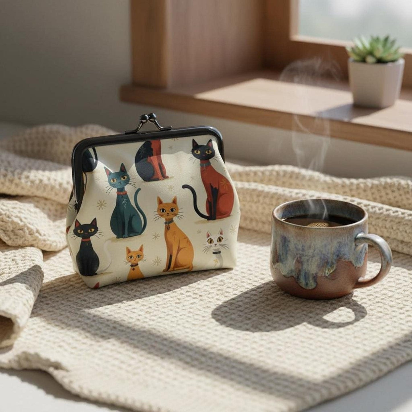 Retro Cat Purse, Vintage Kiss Lock Wallet in Soft Microfiber PU Leather