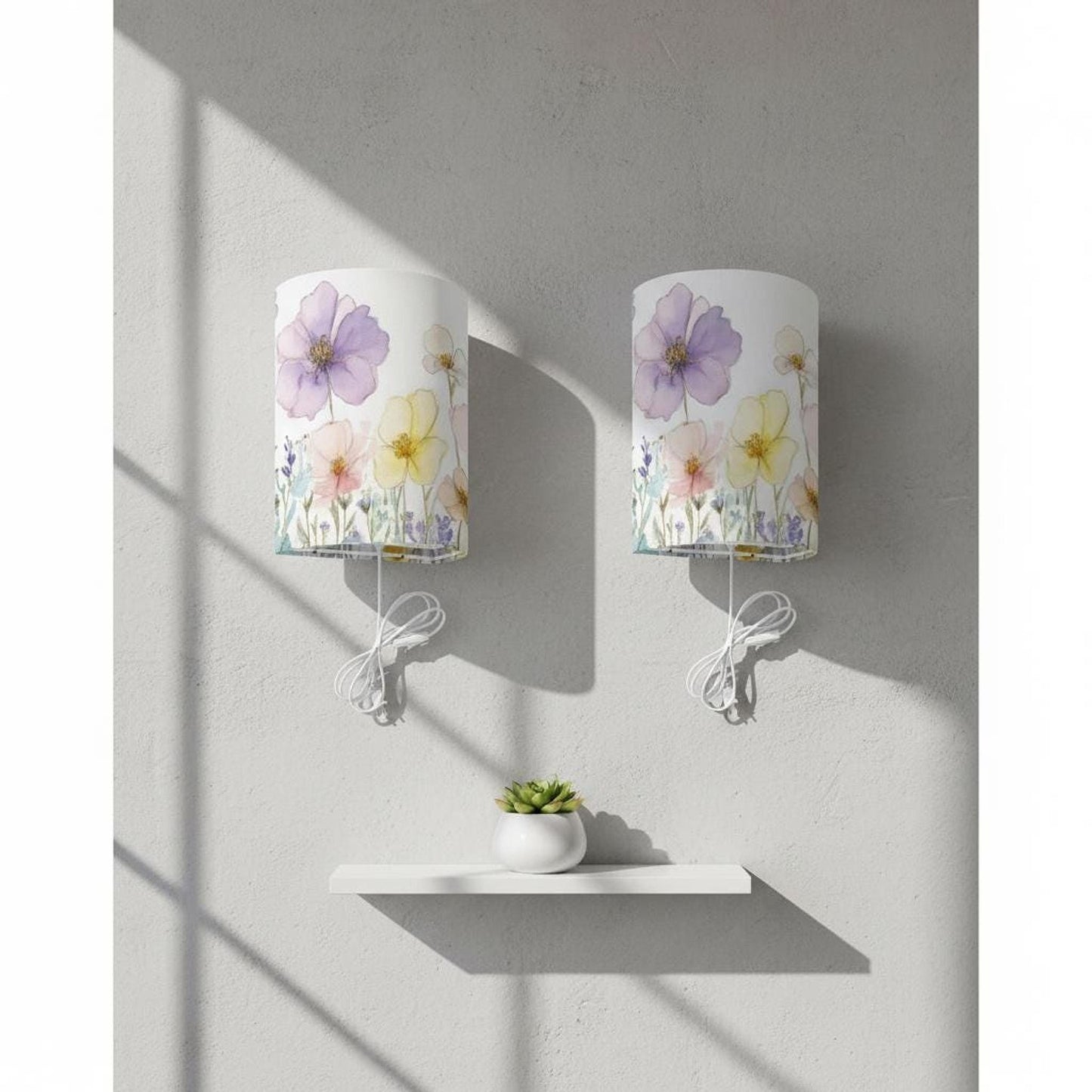 Floral Wall Sconces Set of Two, Decorative Plug-In Lighting in Metal and Linen