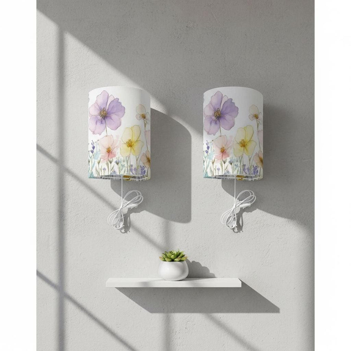 Floral Wall Sconces Set of Two, Decorative Plug-In Lighting in Metal and Linen