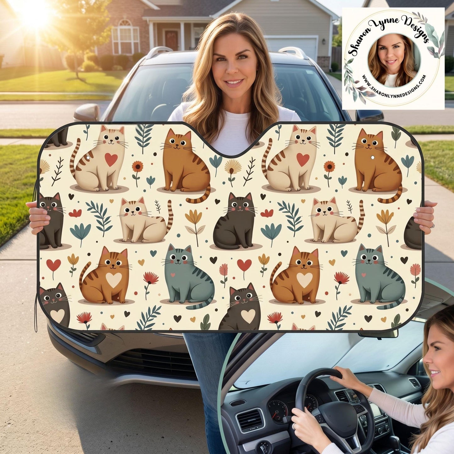 Beige Cat Car Windshield Sun Shade, Stiff Version with Playful Design