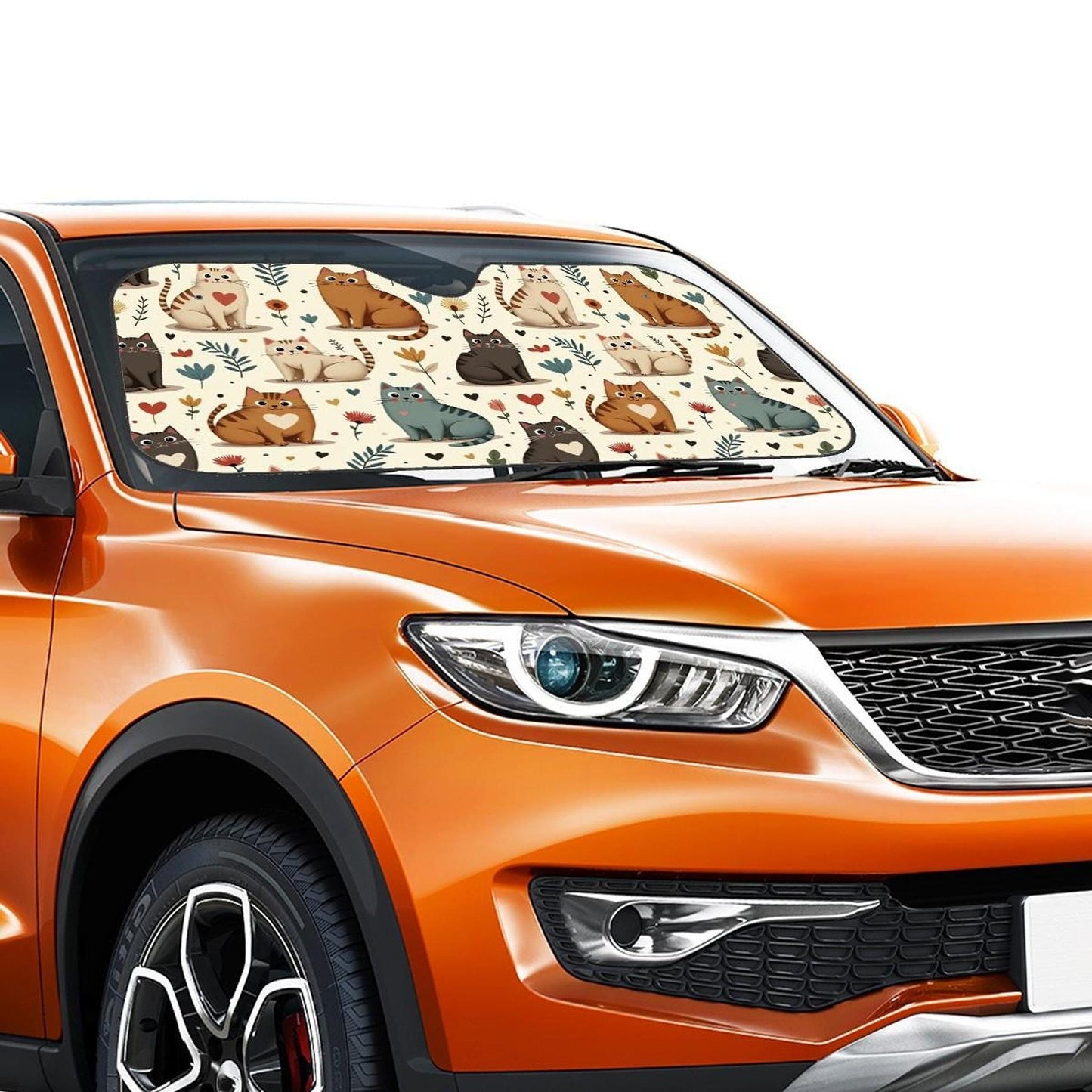 Beige Cat Car Windshield Sun Shade, Stiff Version with Playful Design
