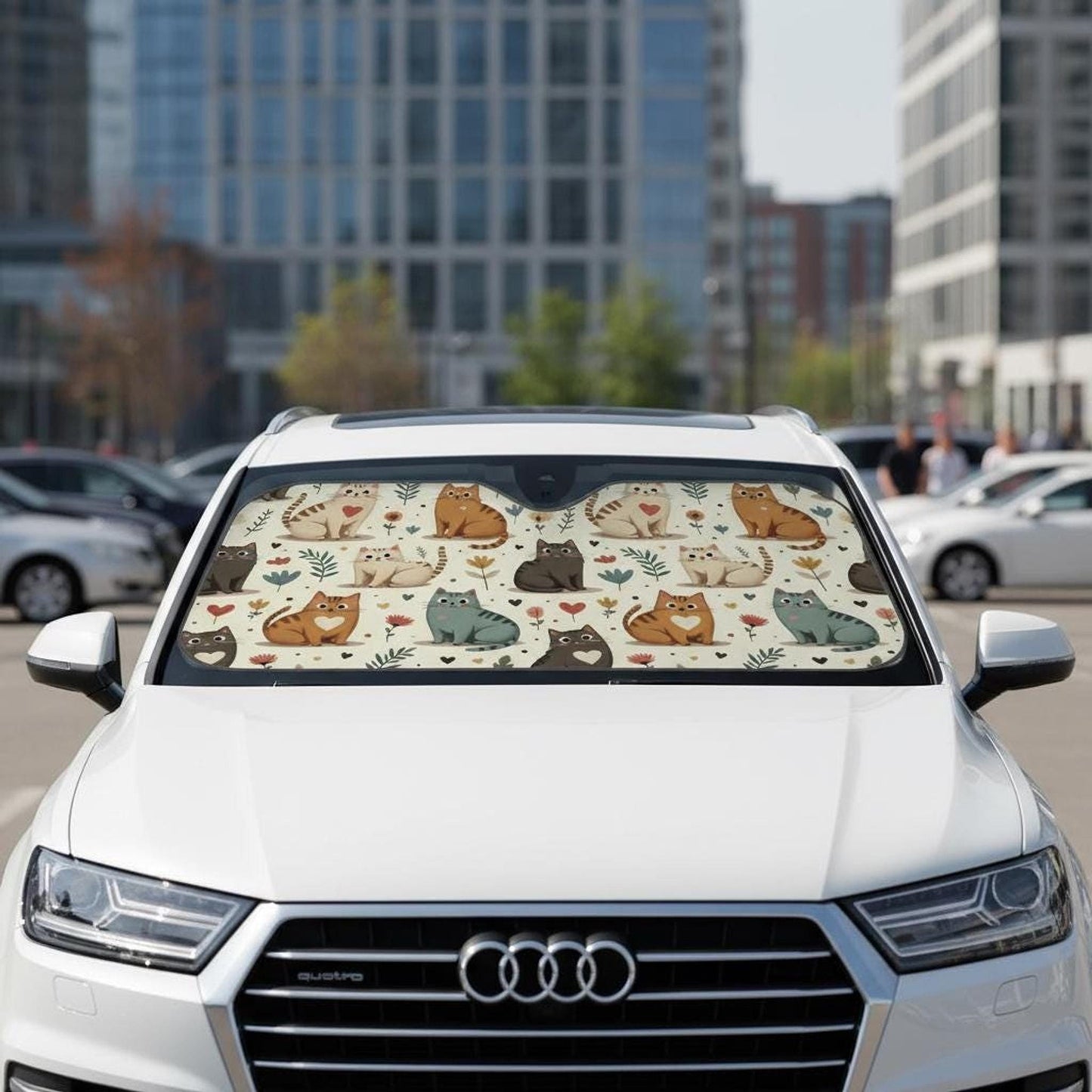 Beige Cat Car Windshield Sun Shade, Stiff Version with Playful Design