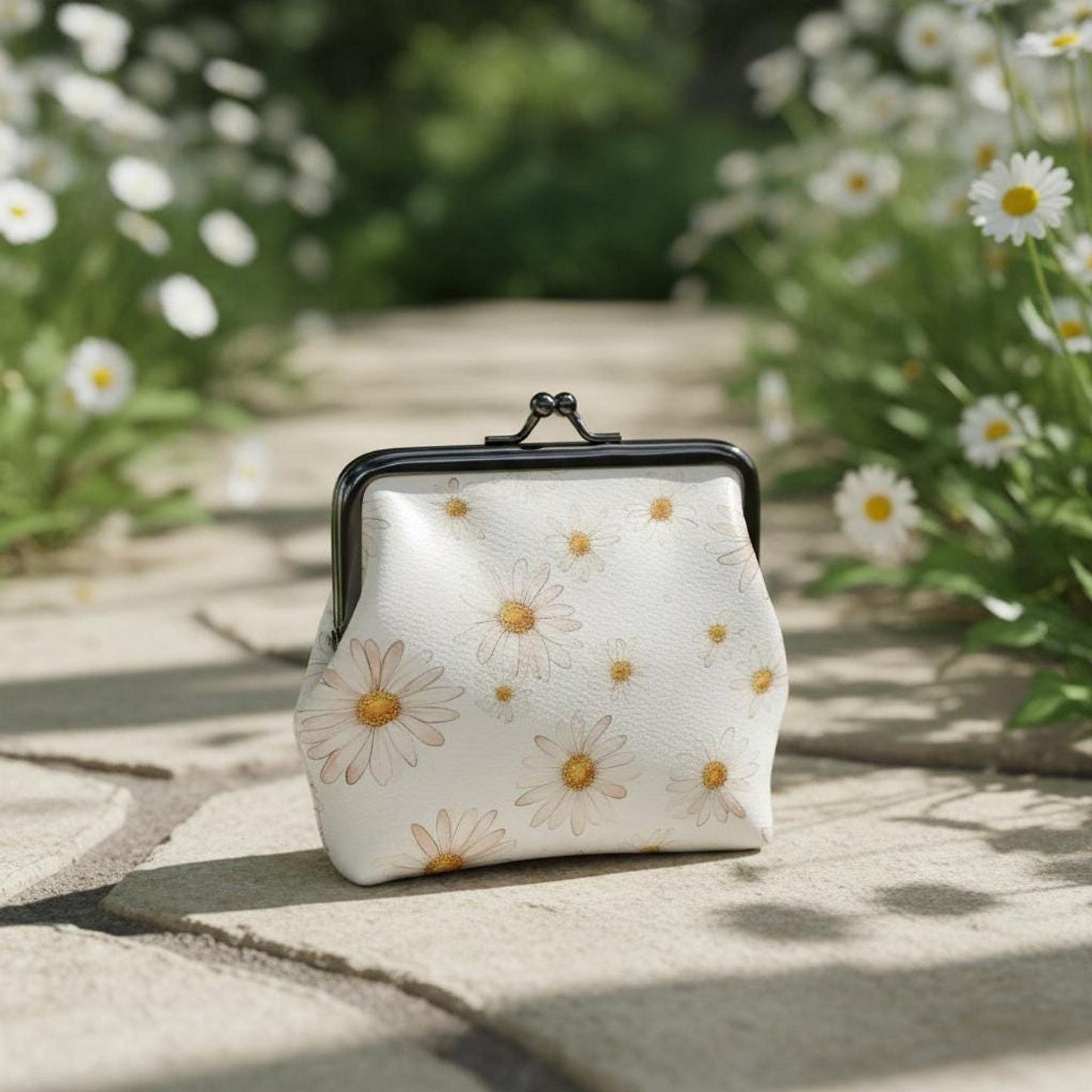 Daisy Women's Leather Coin Purse, Vintage Kiss Lock Wallet with Floral Design