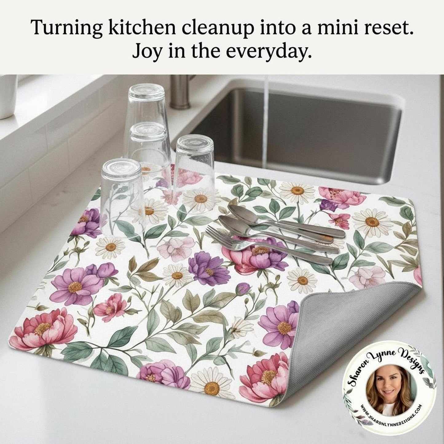 Floral Drying Mat, Large Microfiber Kitchen Pad with Spring Flower Print (24 x 18 Inches)