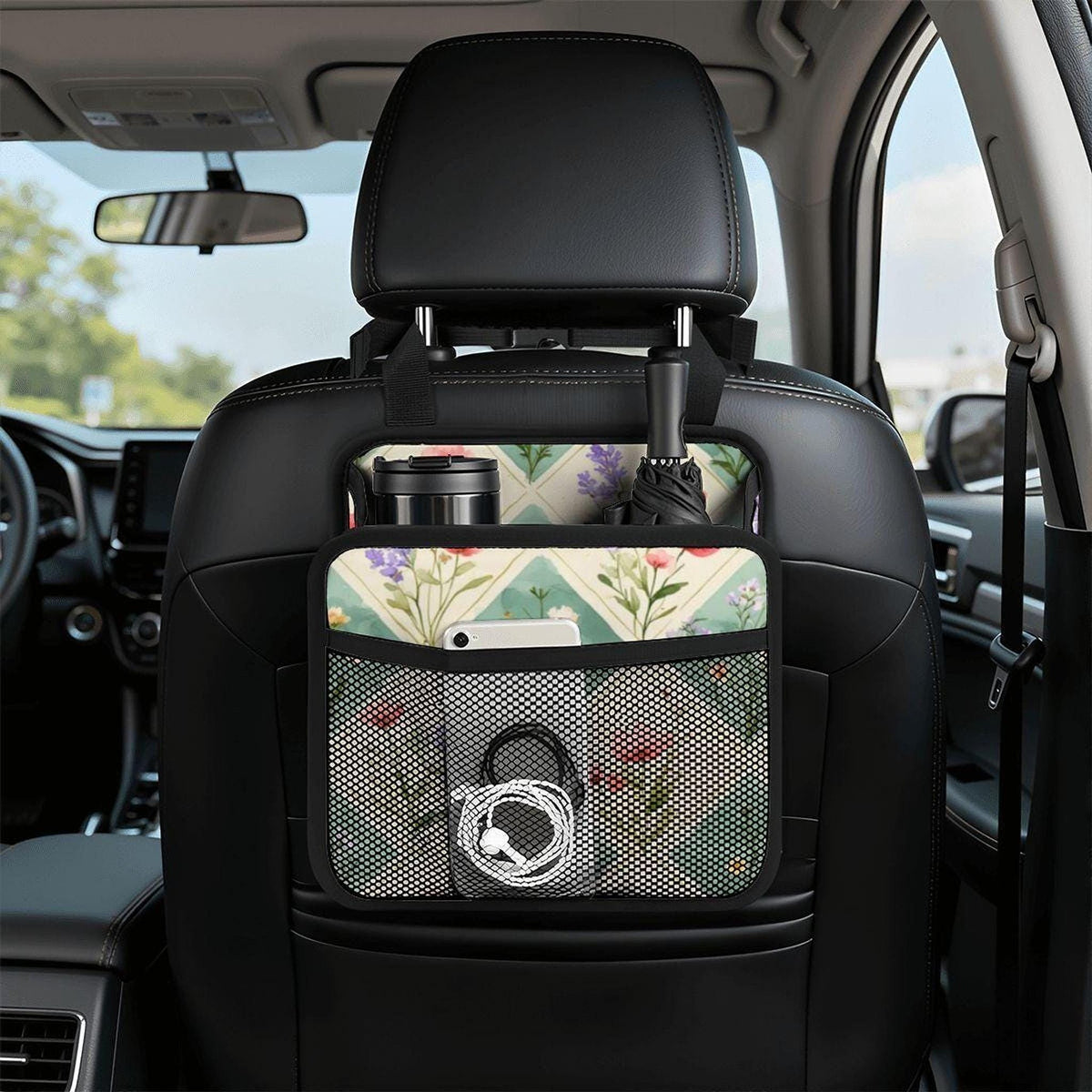 Floral Car Seat Organizer - Backseat Storage Caddy for Travel Accessories and Essentials