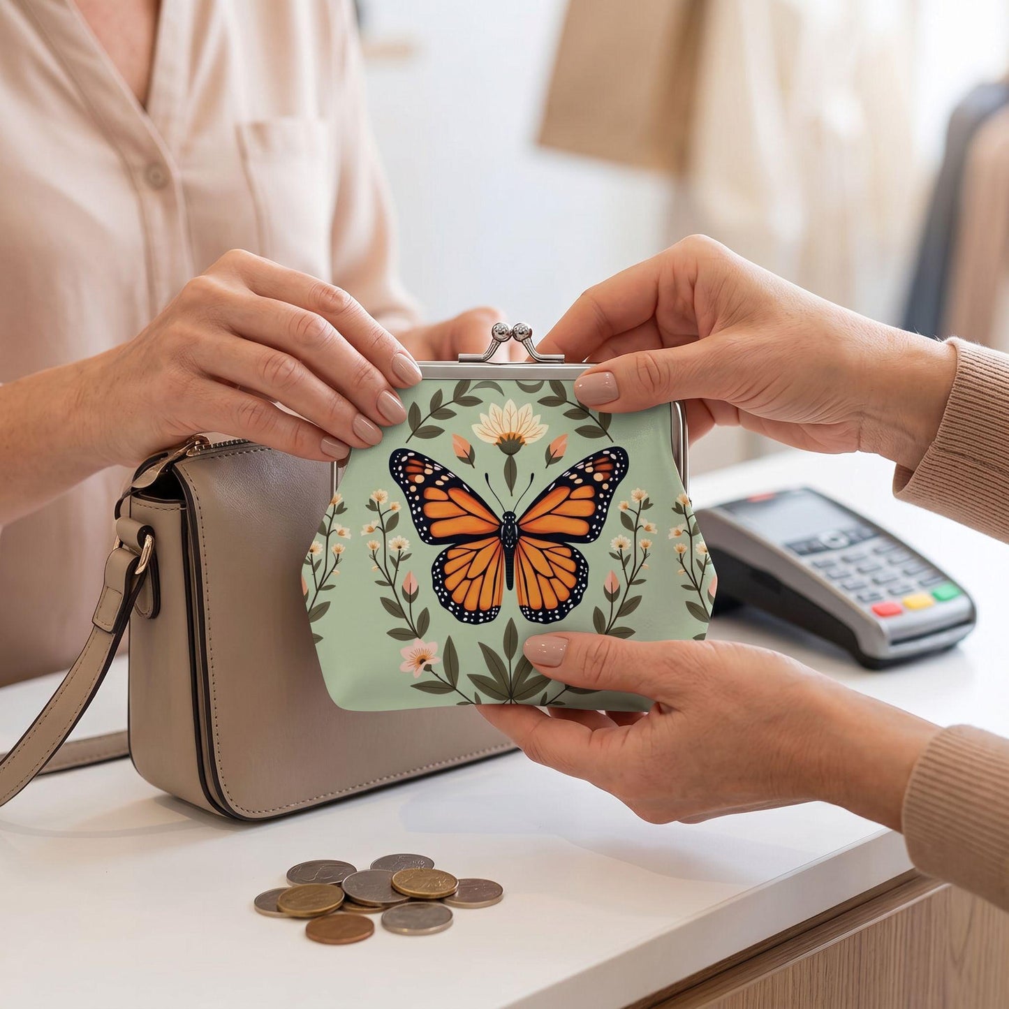 Butterfly Coin Purse, Women's Microfiber Leather Wallet with Kiss Lock Closure