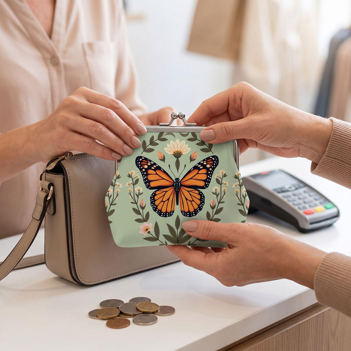 Butterfly Coin Purse, Women's Microfiber Leather Wallet with Kiss Lock Closure