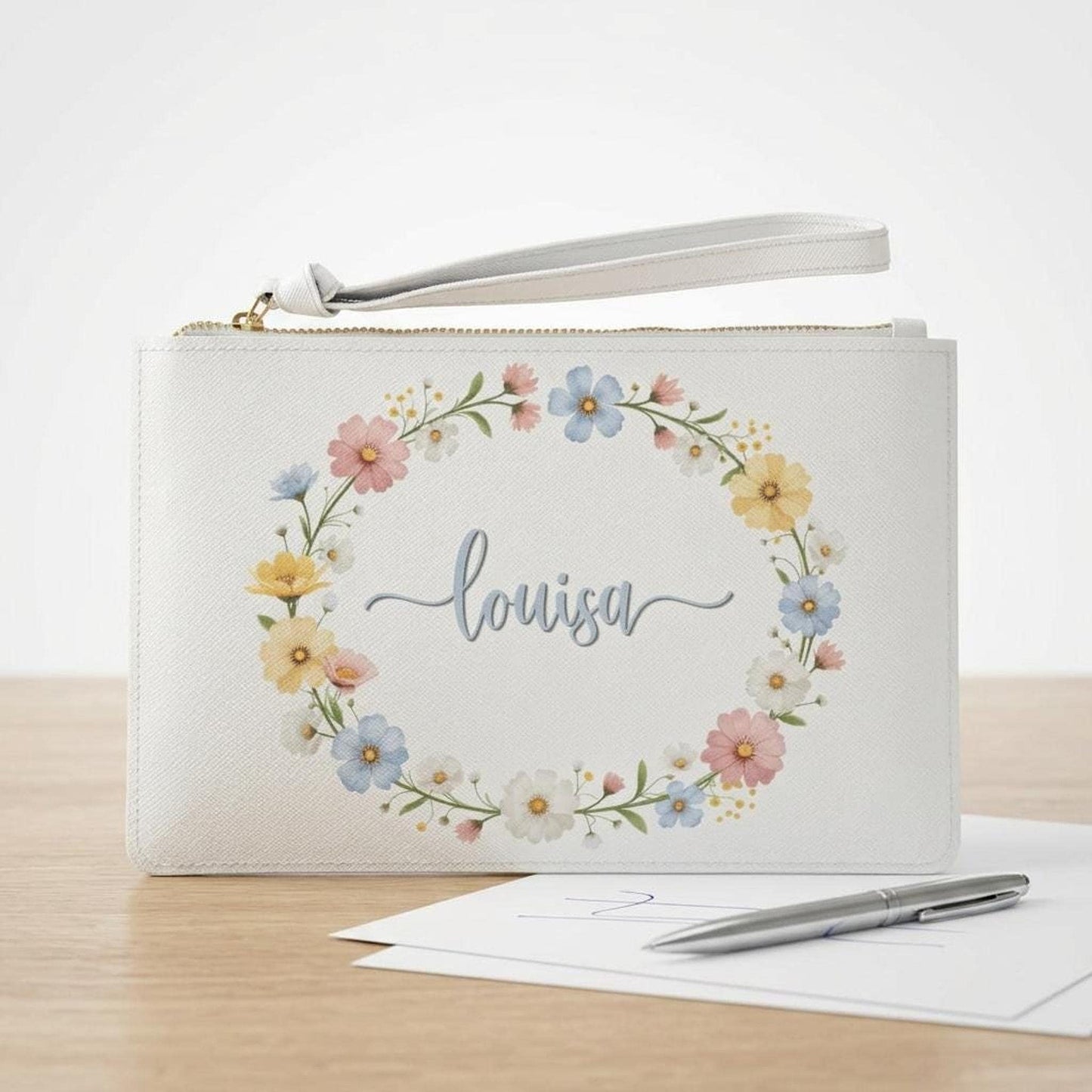 Custom Name Clutch Bag with Floral Wreath Design, Personalized Script Monogram Purse