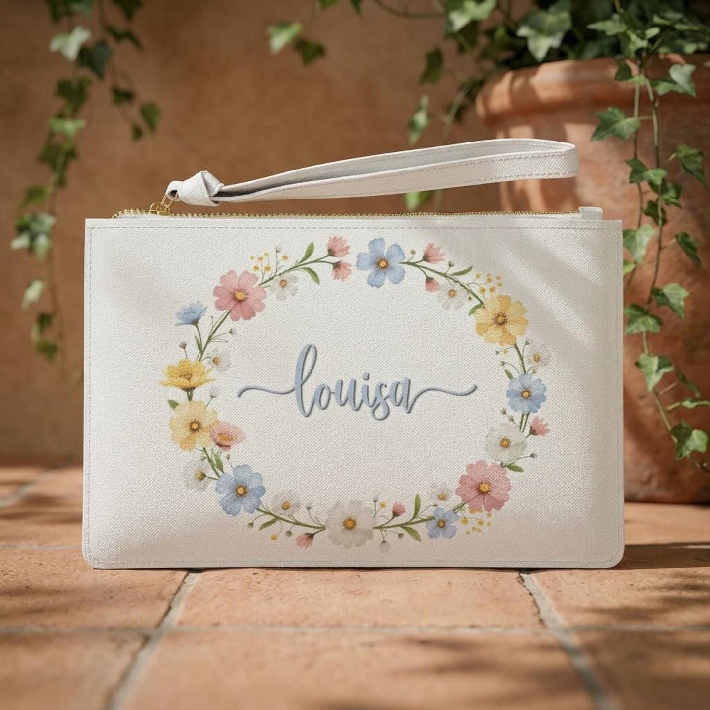 Custom Name Clutch Bag with Floral Wreath Design, Personalized Script Monogram Purse