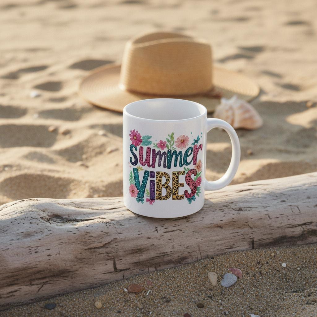 Summer Vibes Mug, Floral Typography Ceramic Coffee Cup with Curved Lip