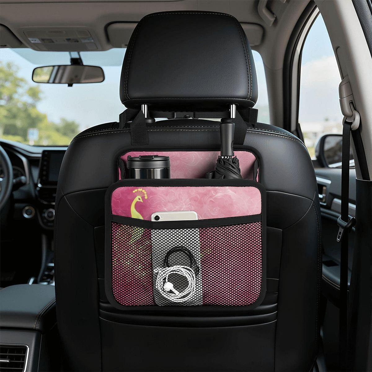 Pink Peacock Car Seat Organizer - Kids Travel Storage Caddy Back Protector for Auto Vehicle