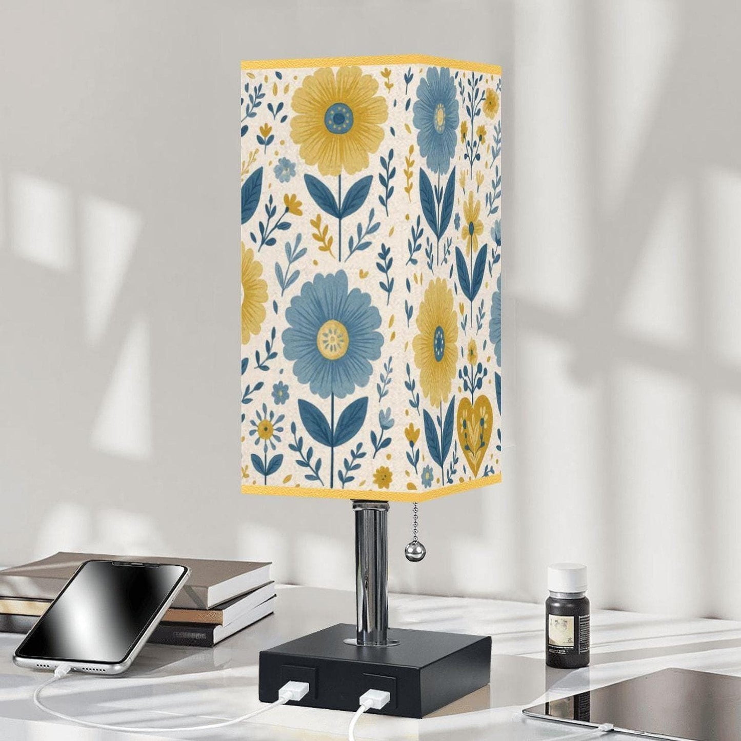 Floral Table Lamp with USB Port, Gold Trim and Linen Shade