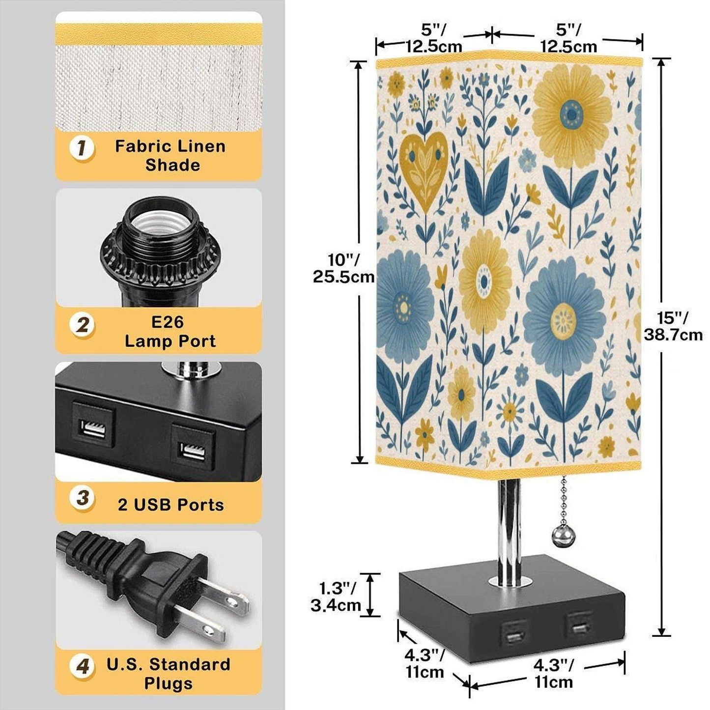Floral Table Lamp with USB Port, Gold Trim and Linen Shade