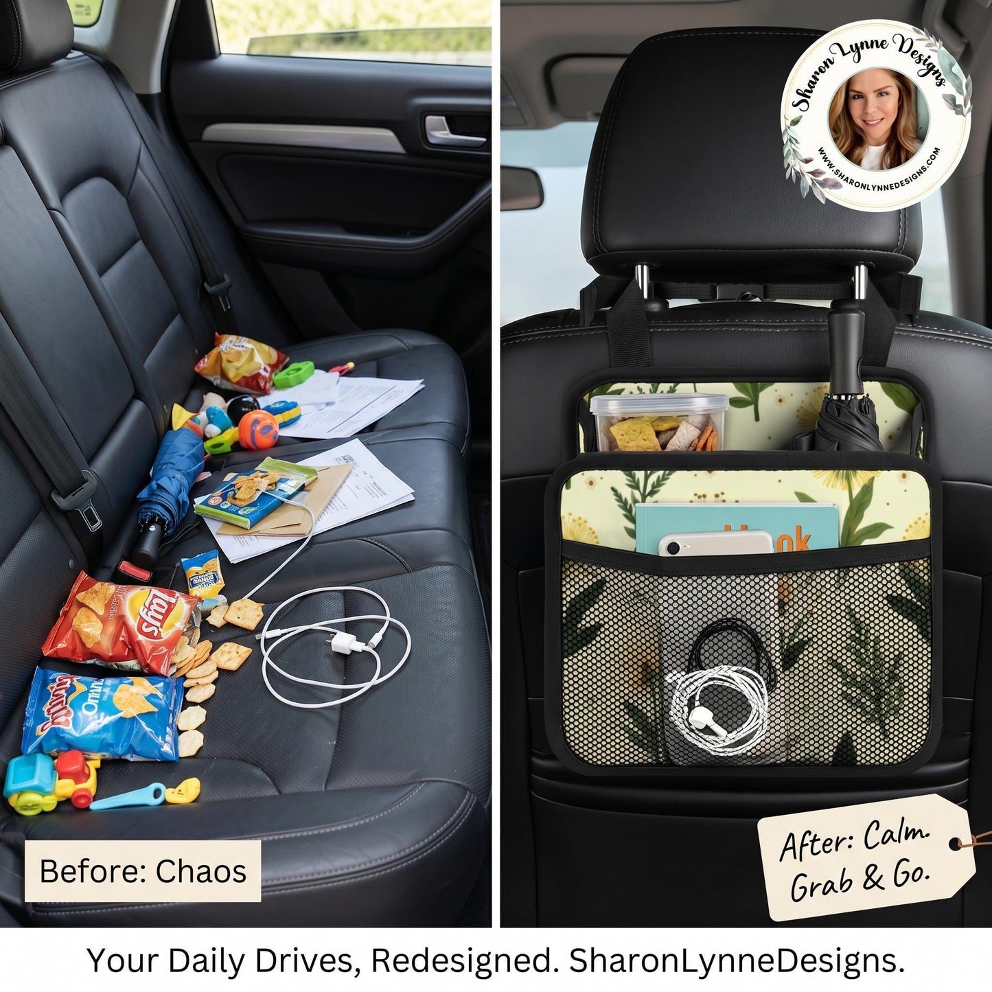 Yellow Flower Car Seat Organizer, Floral Auto Storage Caddy for Travel Essentials