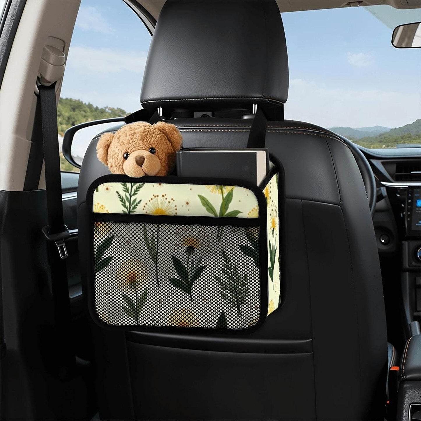 Yellow Flower Car Seat Organizer, Floral Auto Storage Caddy for Travel Essentials