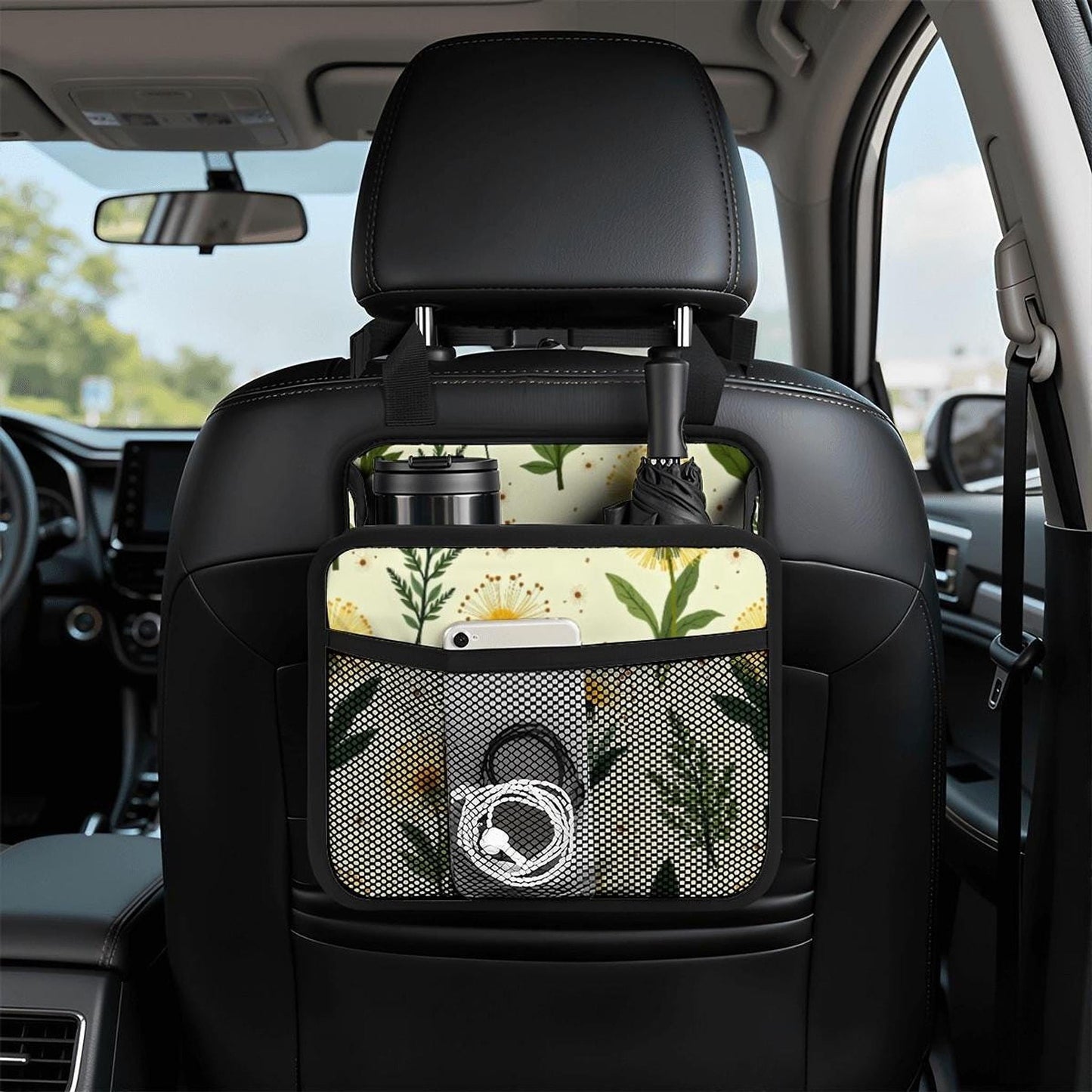 Yellow Flower Car Seat Organizer, Floral Auto Storage Caddy for Travel Essentials