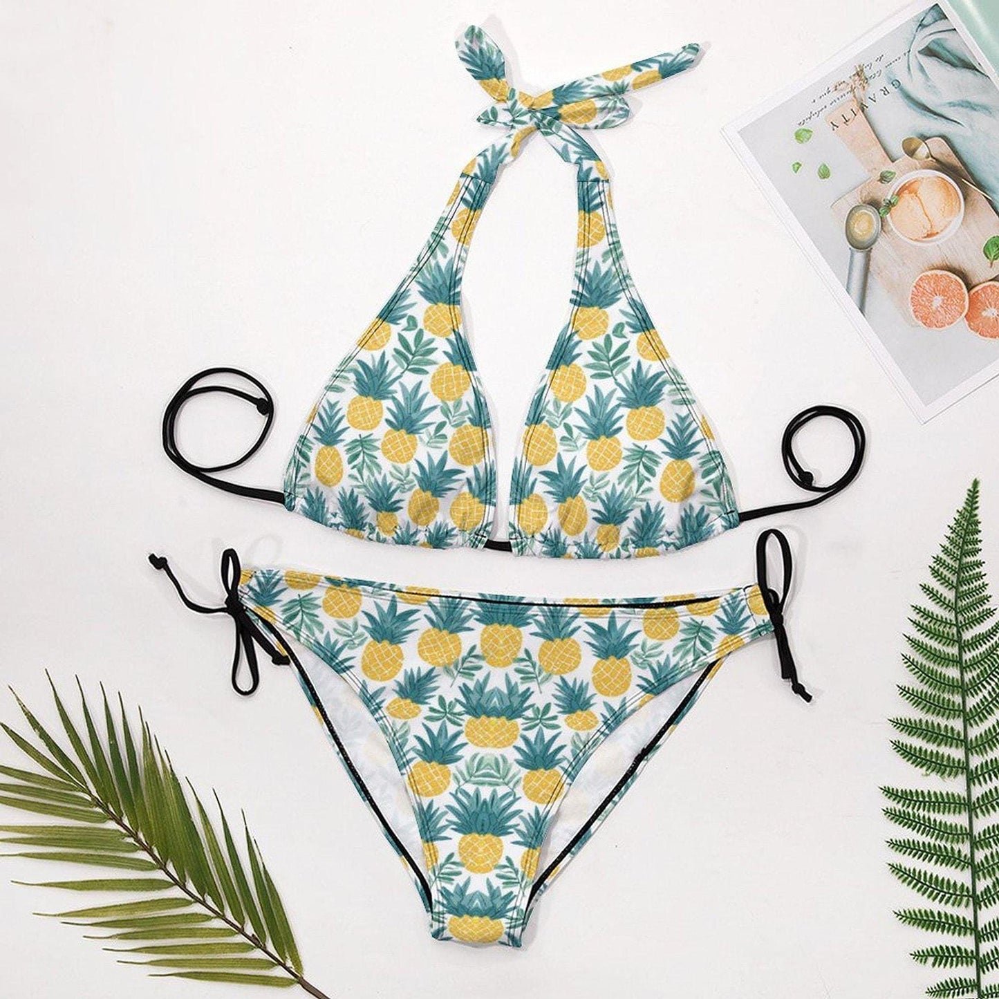 Pineapple Bikini Two-Piece Halter Swimsuit, Tropical Print Set in Soft Stretch Fabric
