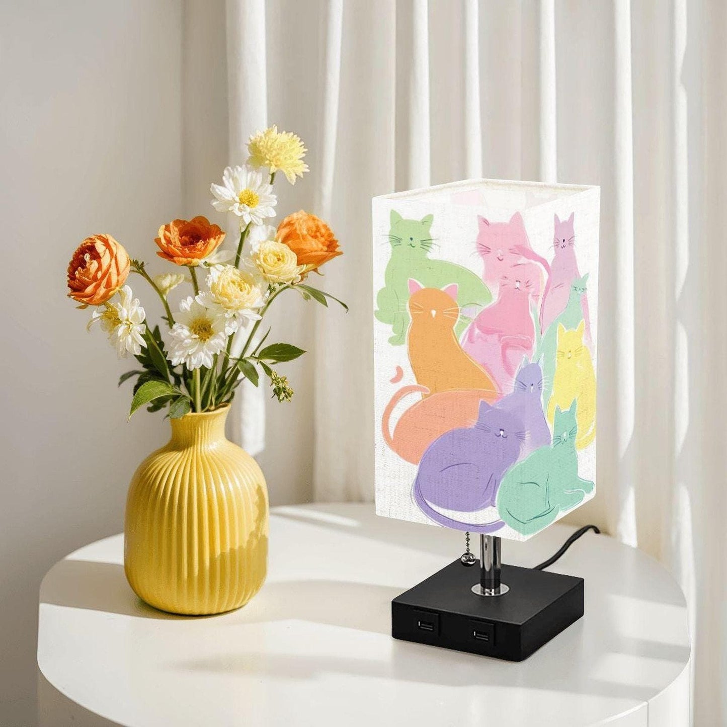 Pastel Cat Lamp with USB Port, Linen Shade and Metal Base for Cozy Lighting