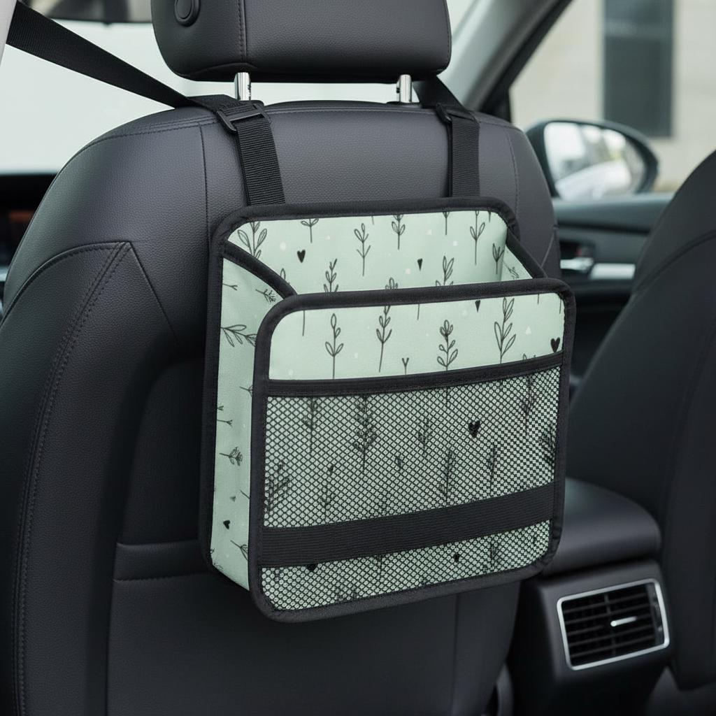 Green Floral Car Seat Organizer, Durable PU Storage Bag for Kids and Travel