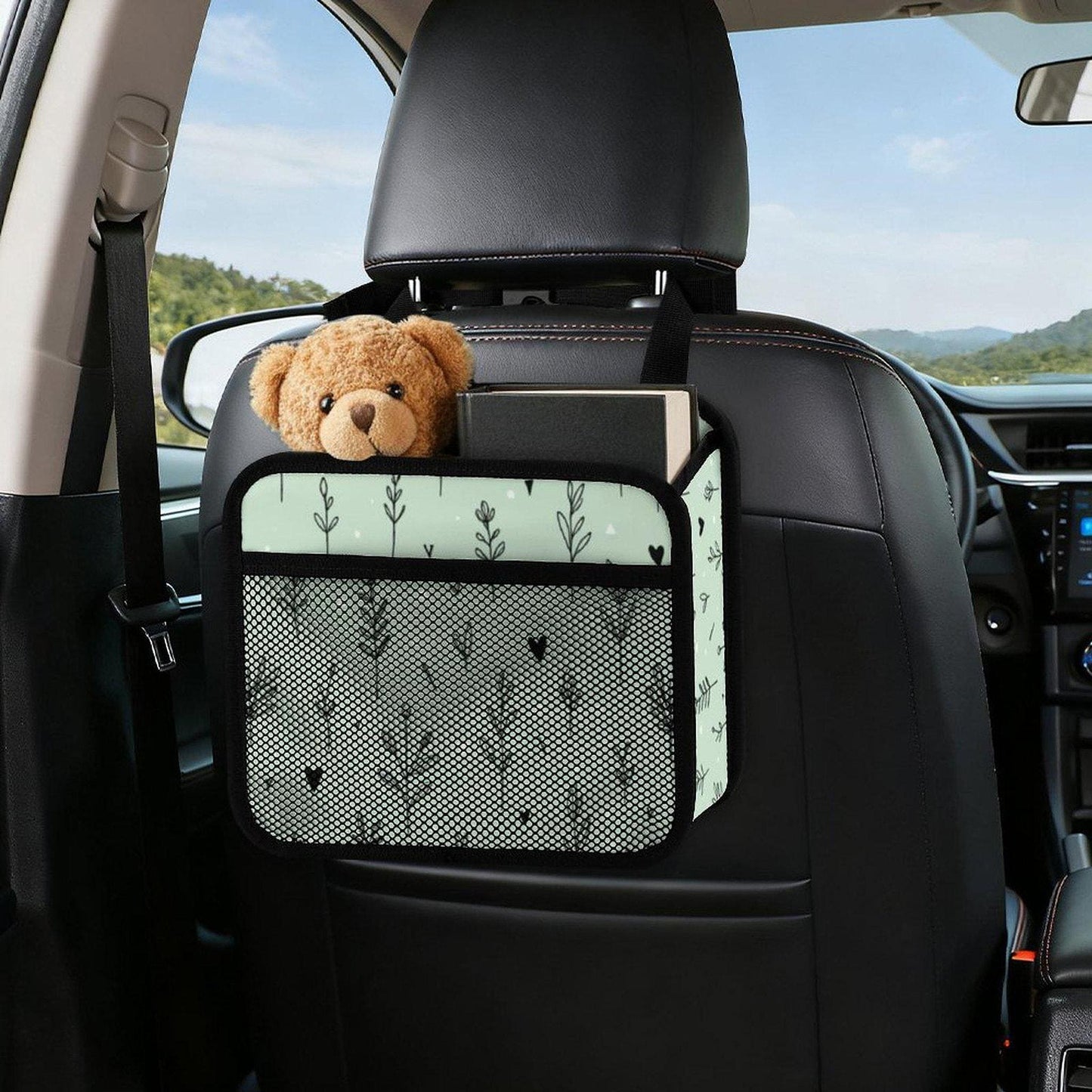 Green Floral Car Seat Organizer, Durable PU Storage Bag for Kids and Travel