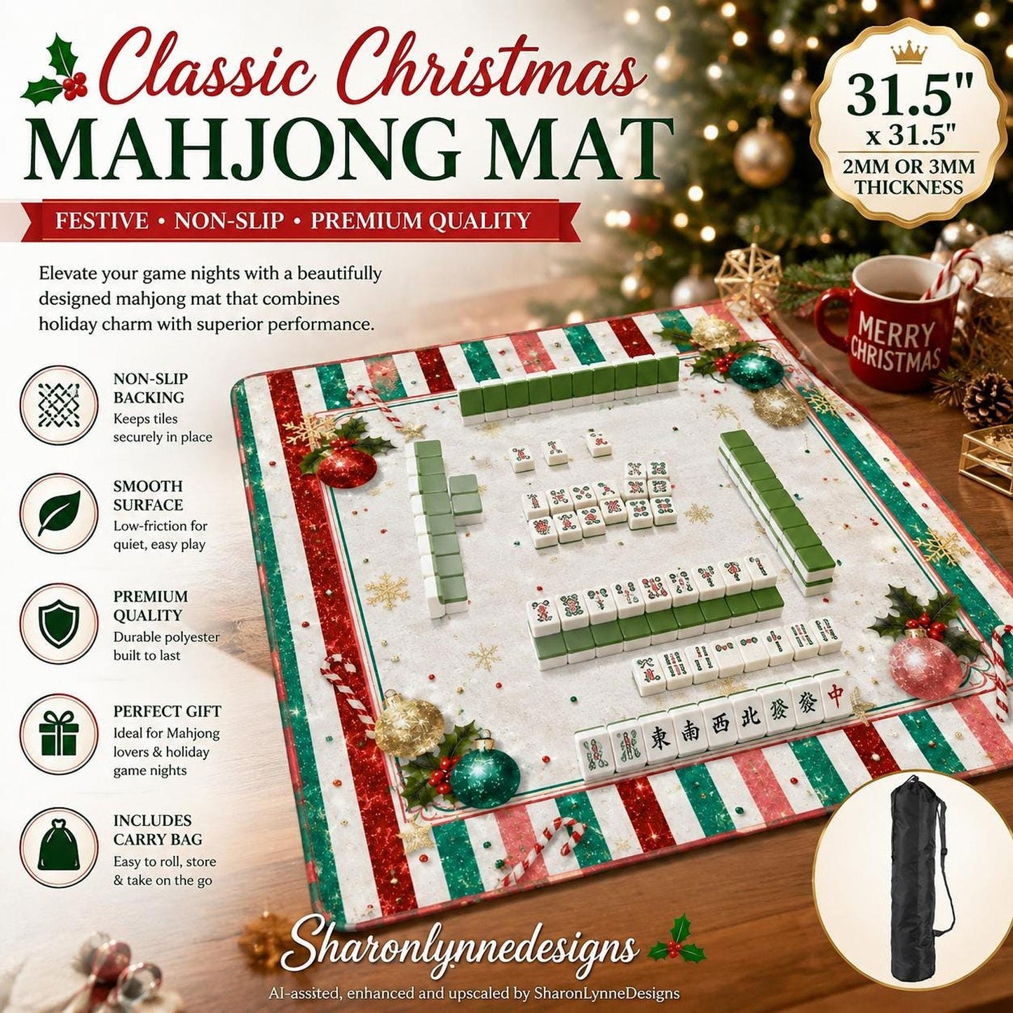 Classic Christmas Mahjong Mat | Festive Non-Slip Game Surface (31.5")