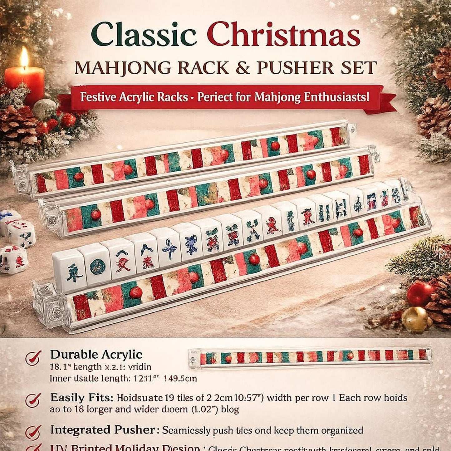 Classic Christmas Mahjong Tile Pusher Rack Set of 4, Festive Acrylic with Integrated