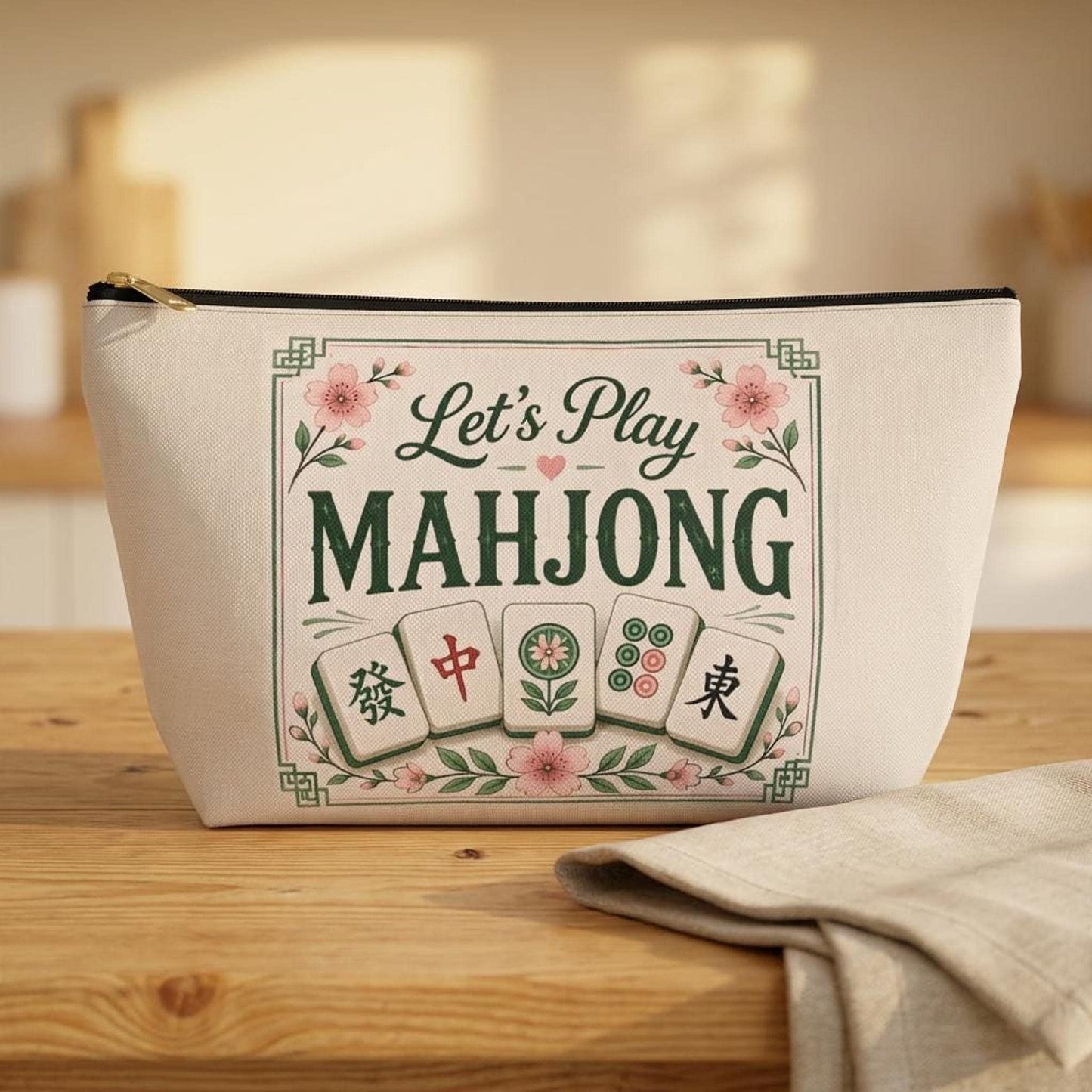 Let's Play Mahjong Accessory Pouch, Vintage Tile Design with T-Bottom and Durable Zipper