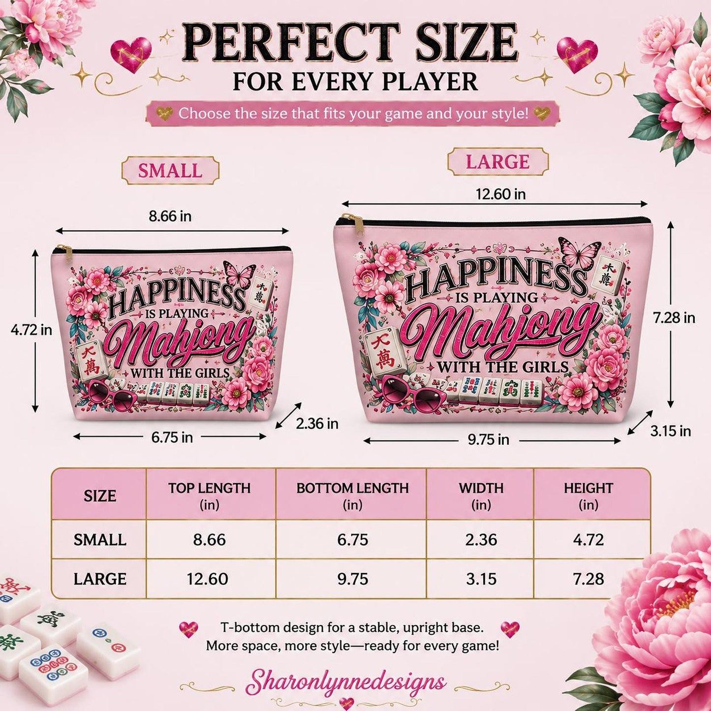 Floral Mahjong Pouch, Pink Accessory Bag with Zipper for Game Nights