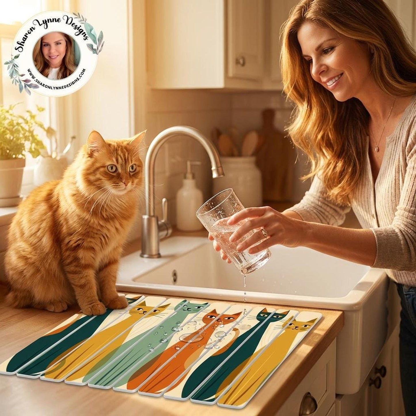 Retro Kitchen Mat with Adorable Cat Design, Absorbent Diatomite Counter Protector
