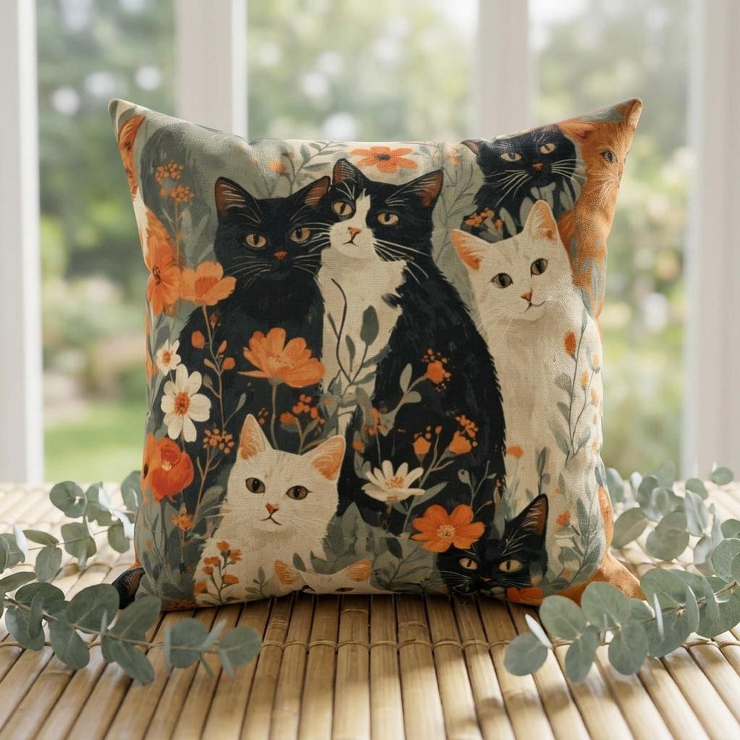 Floral Cat Pillow, Vintage Faux Suede Cushion with Charming Cat Illustration