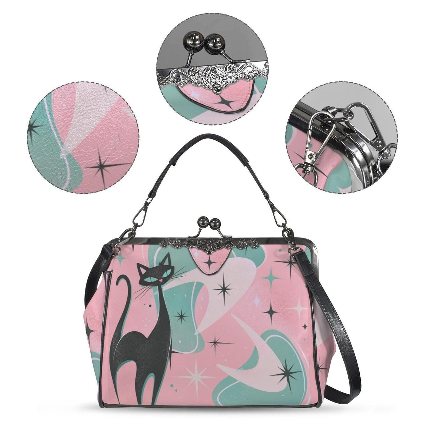 Pink Cat Bag, Retro Kiss Lock Crossbody Purse in Durable Waxed PU Leather