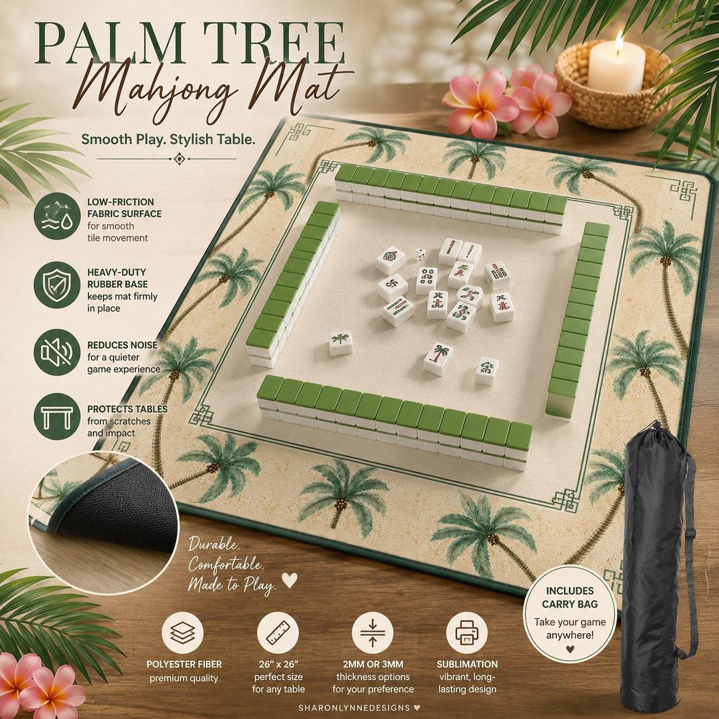 Mahjong Game Mat with Palm Tree Design – Durable Non-Slip Surface and Storage Bag