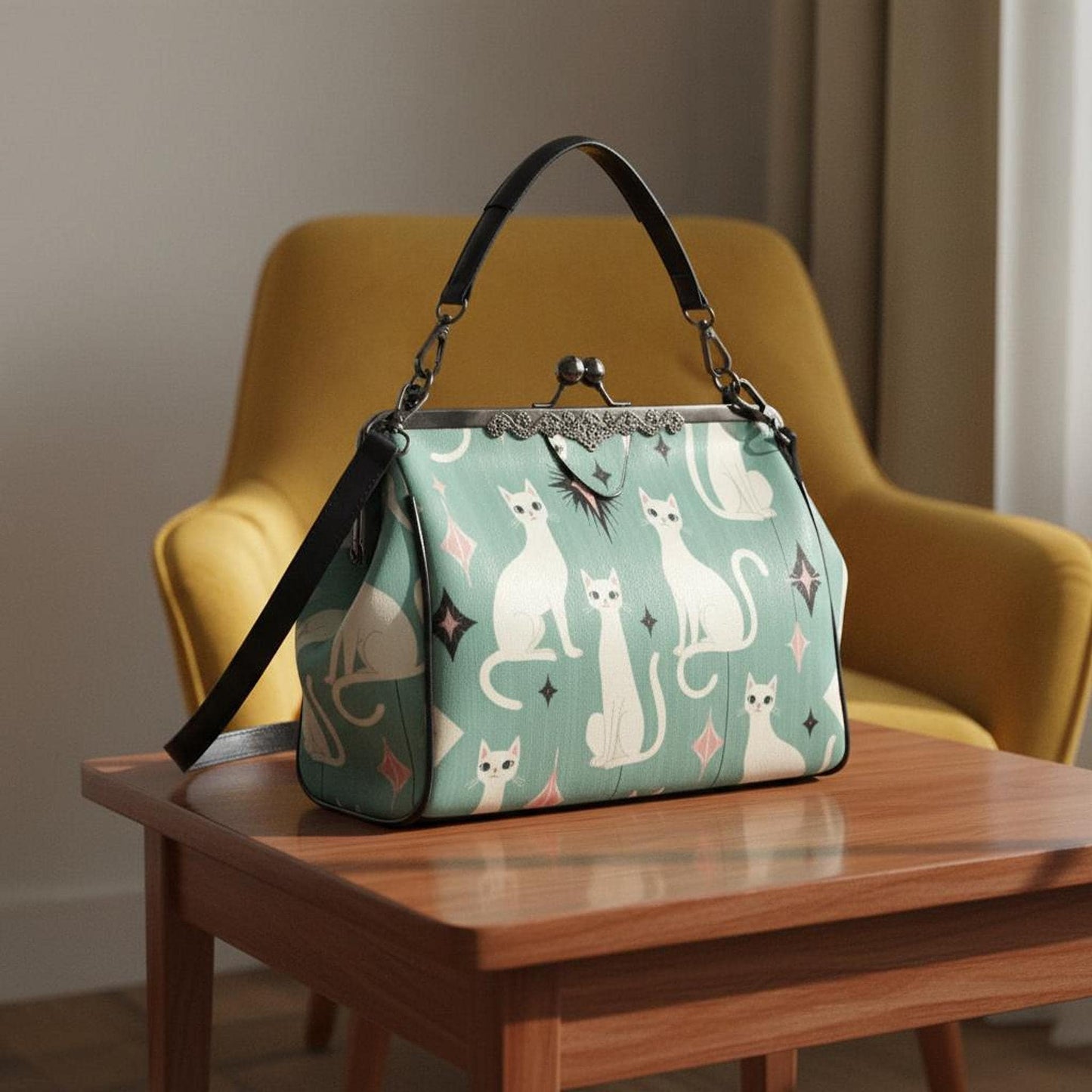 Retro Cat Purse, Vintage Feline Kiss Lock Handbag with Removable Shoulder Strap