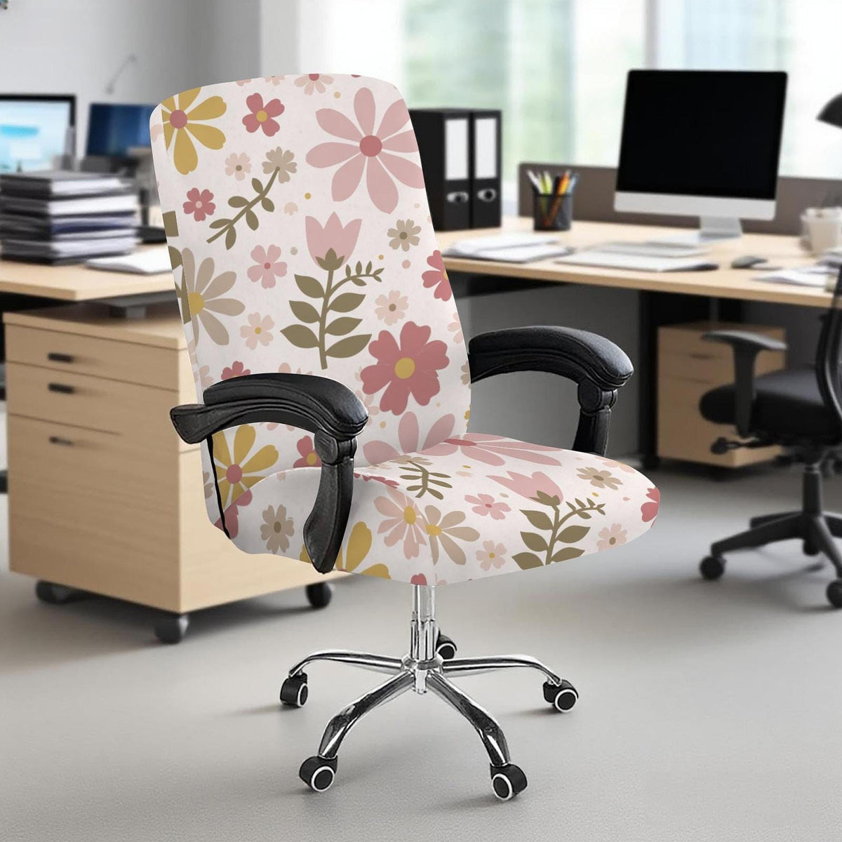 Floral Office Chair Cover: Milk Silk Fabric, Universal Fit, Washable Seat Slipcover