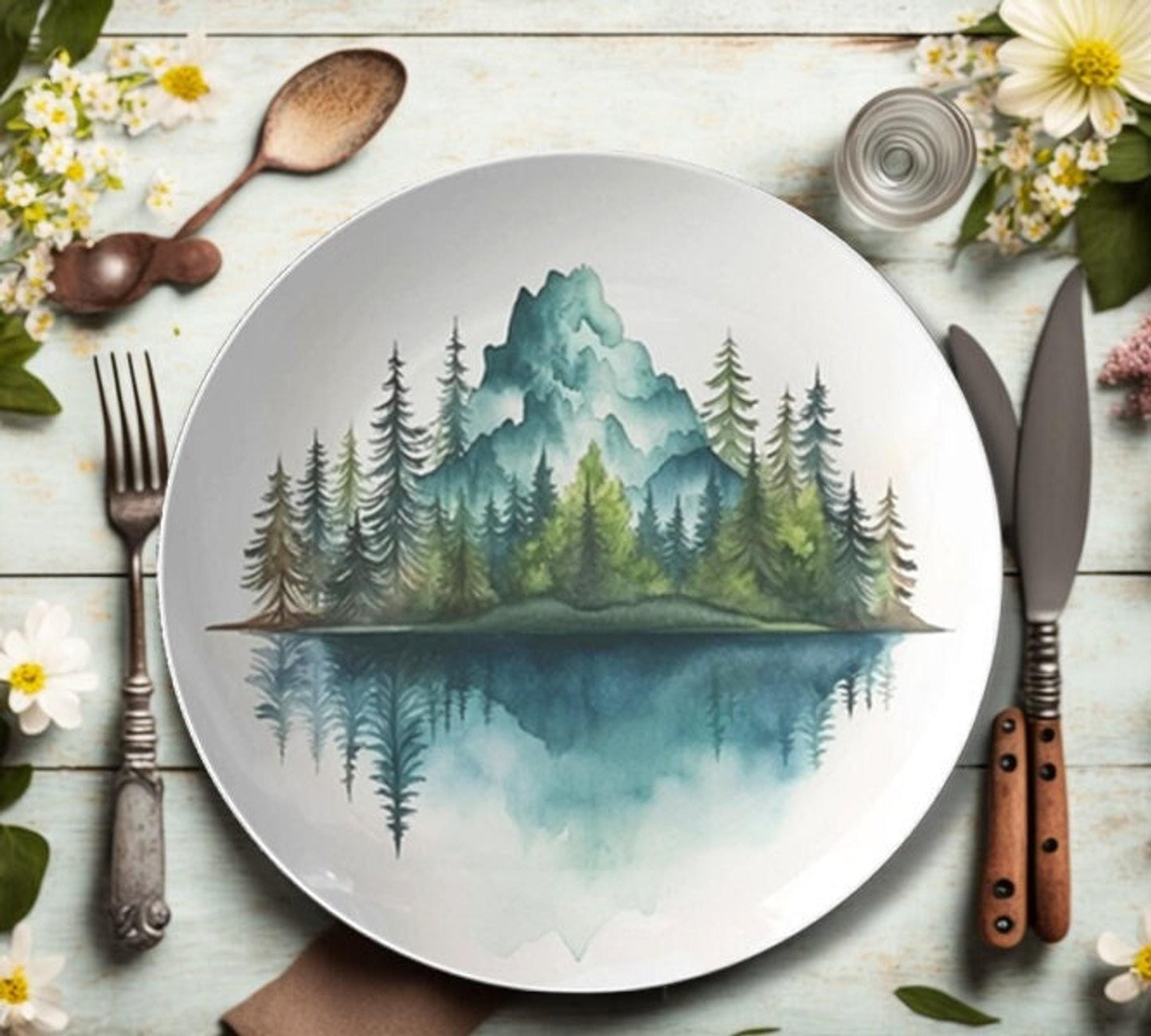 Nature Themed Plates, Watercolor Mountain Dinner in Durable ThermoSaf