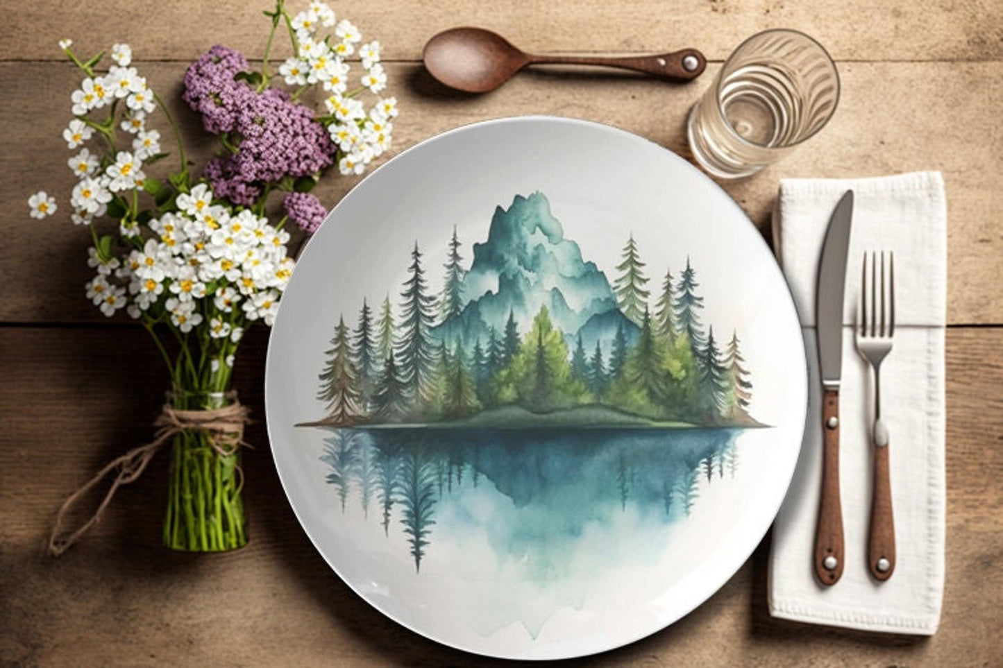 Nature Themed Plates, Watercolor Mountain Dinner in Durable ThermoSaf