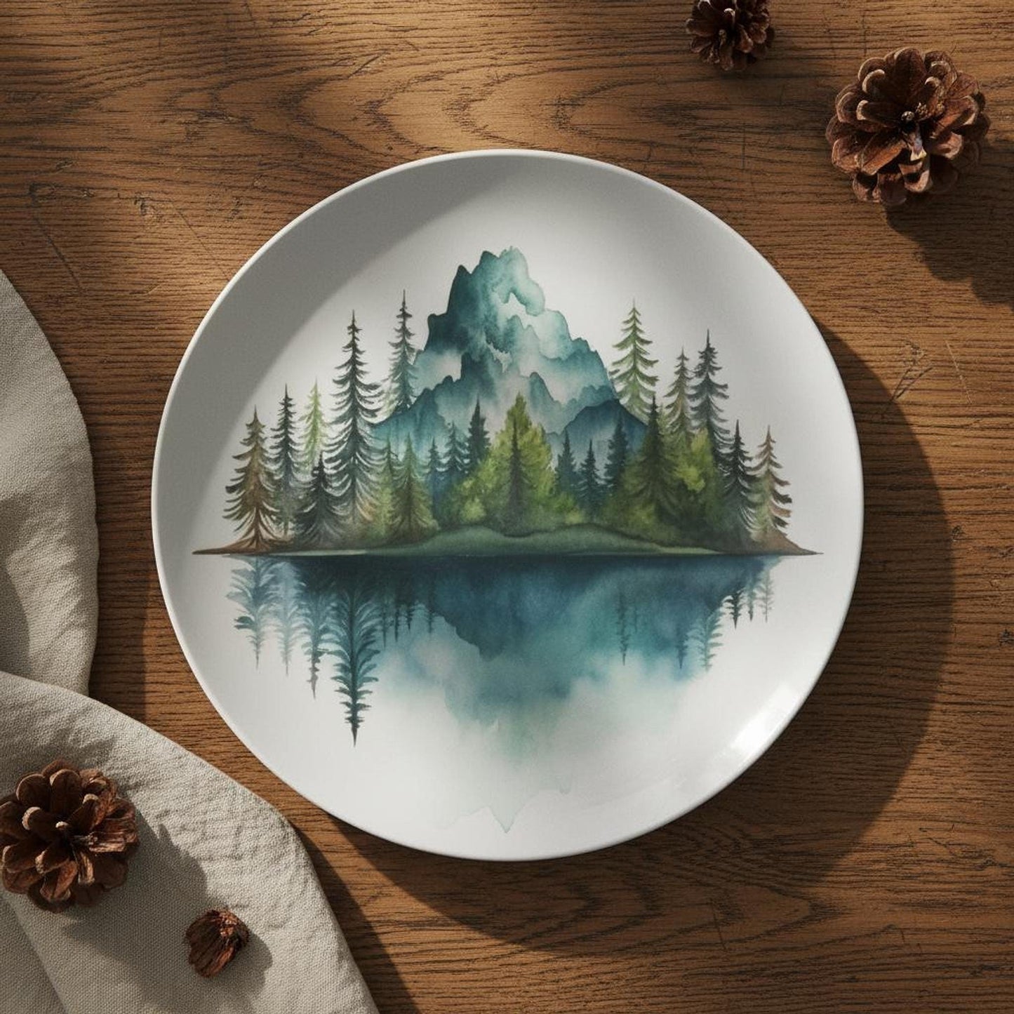 Nature Themed Plates, Watercolor Mountain Dinner in Durable ThermoSaf