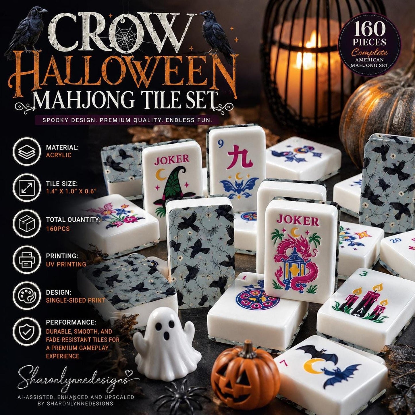 Crow Halloween Mahjong Tile Set, 160 Acrylic with Gothic Raven Design