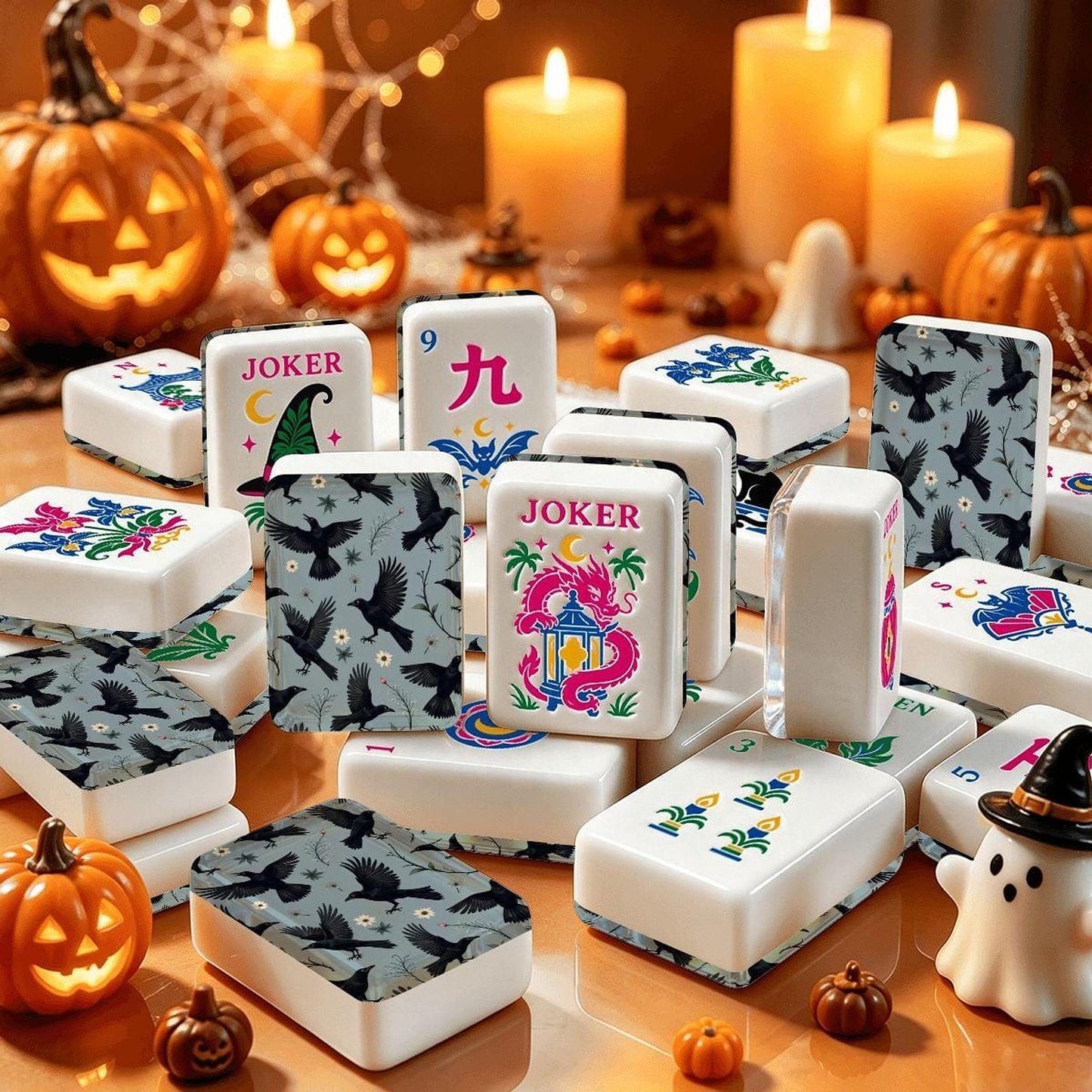 Crow Halloween Mahjong Tile Set, 160 Acrylic with Gothic Raven Design