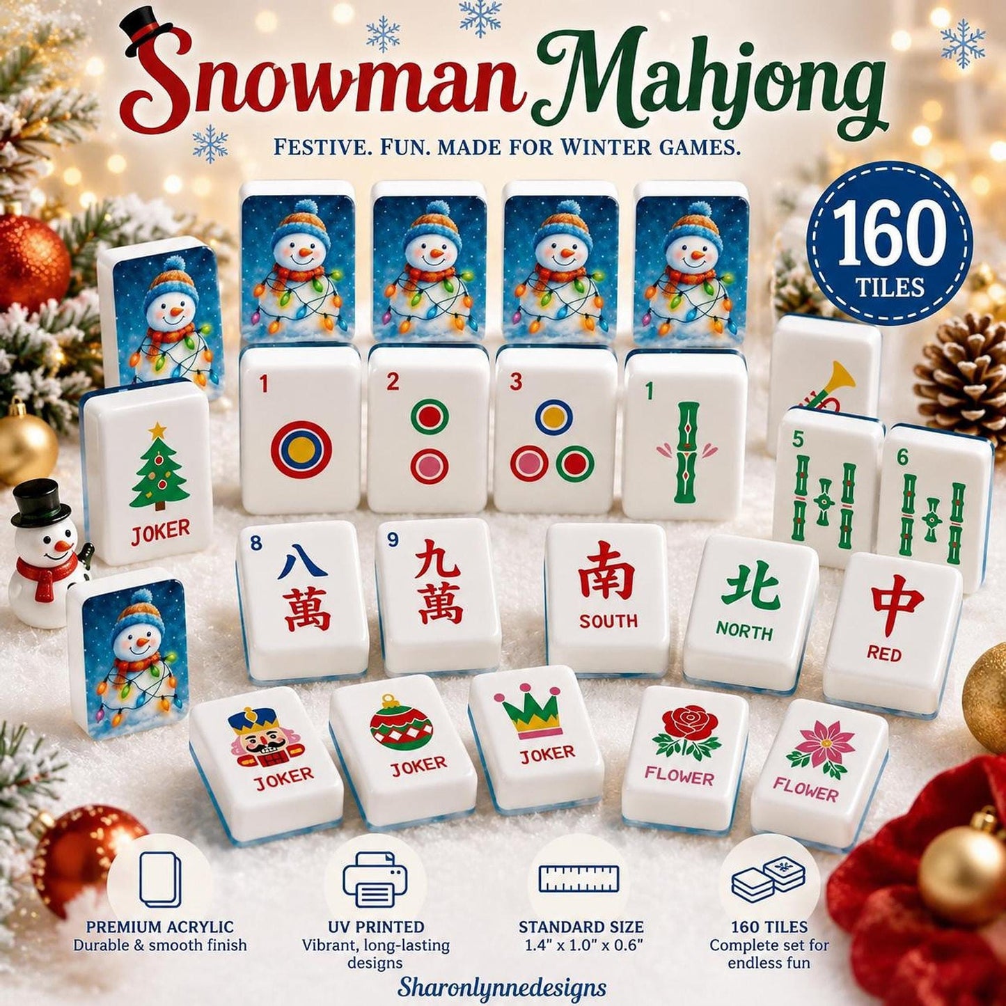 Snowman Christmas Mahjong Tiles Set | American Game with 160 Pieces