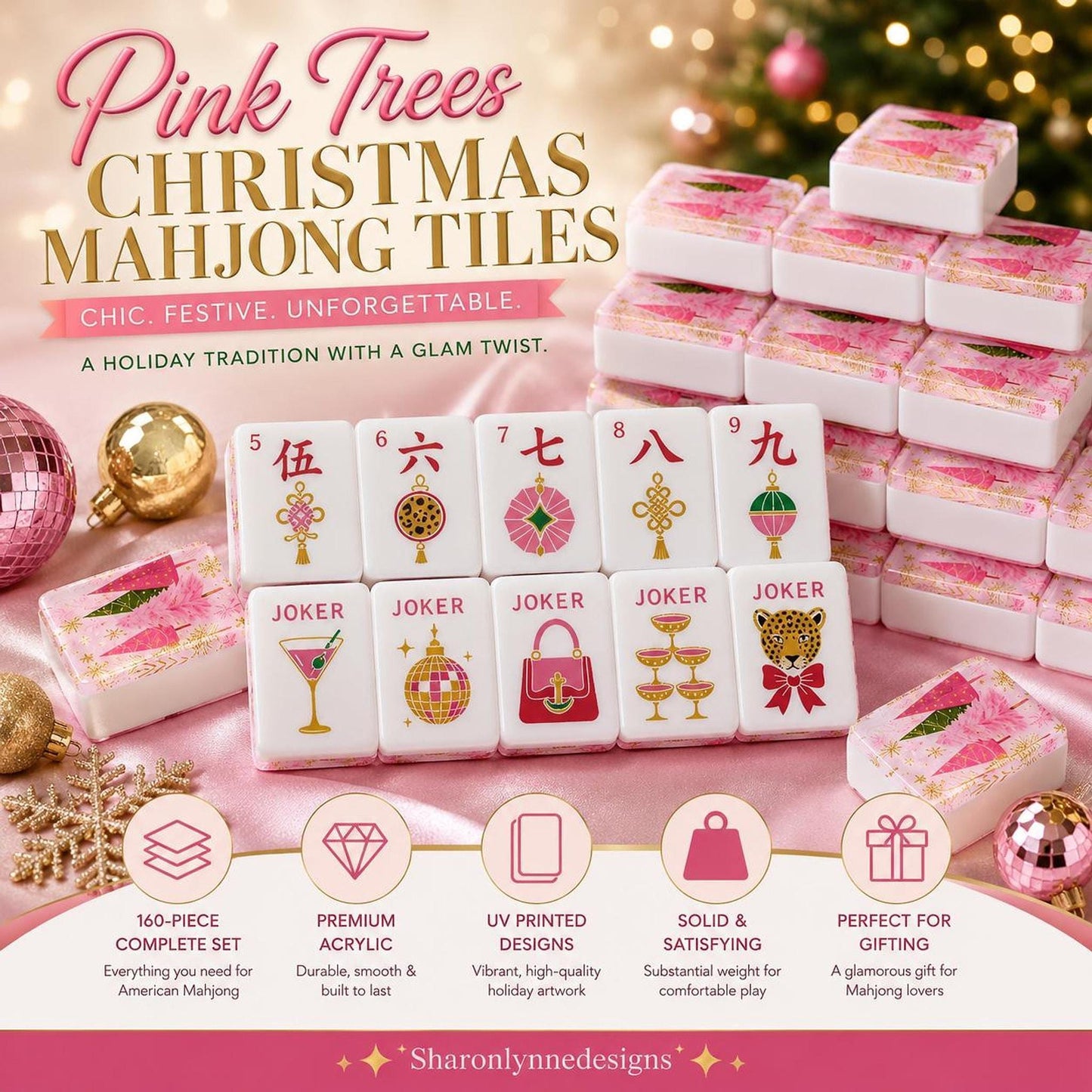 Christmas Mahjong Set with Pink Trees, 160-Piece Acrylic Tile Collection